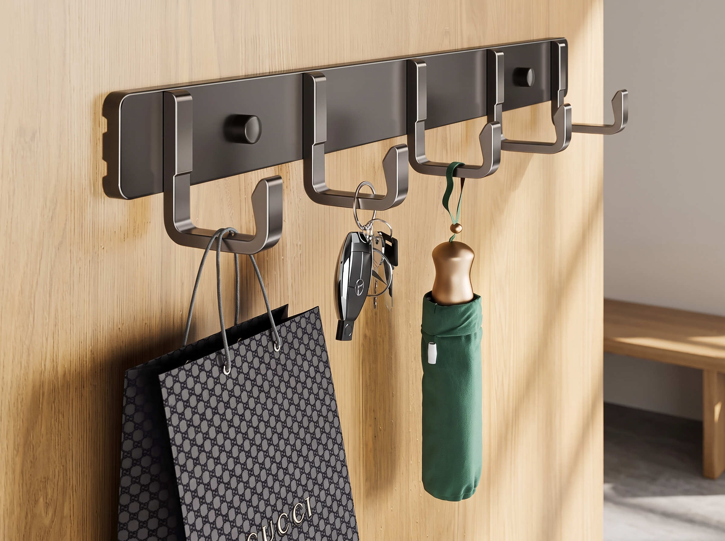 Aluminum Wall-Mounted Multi-Hook Rack for Entryway, Kitchen, or Bathroom in a realistic home setting