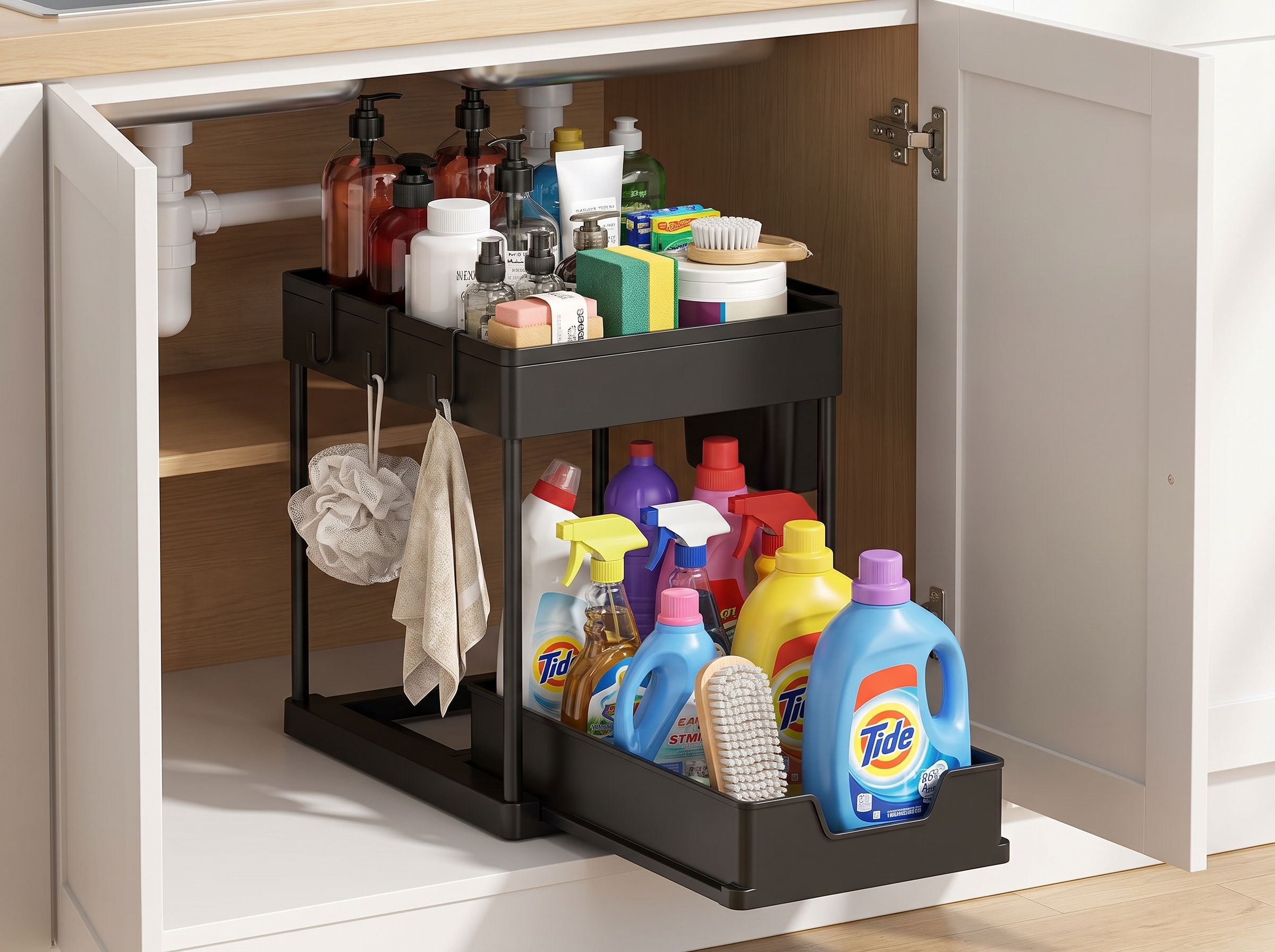 2-Tier Sliding Under Sink Organizer with Hooks for Kitchen & Bathroom in a realistic home setting