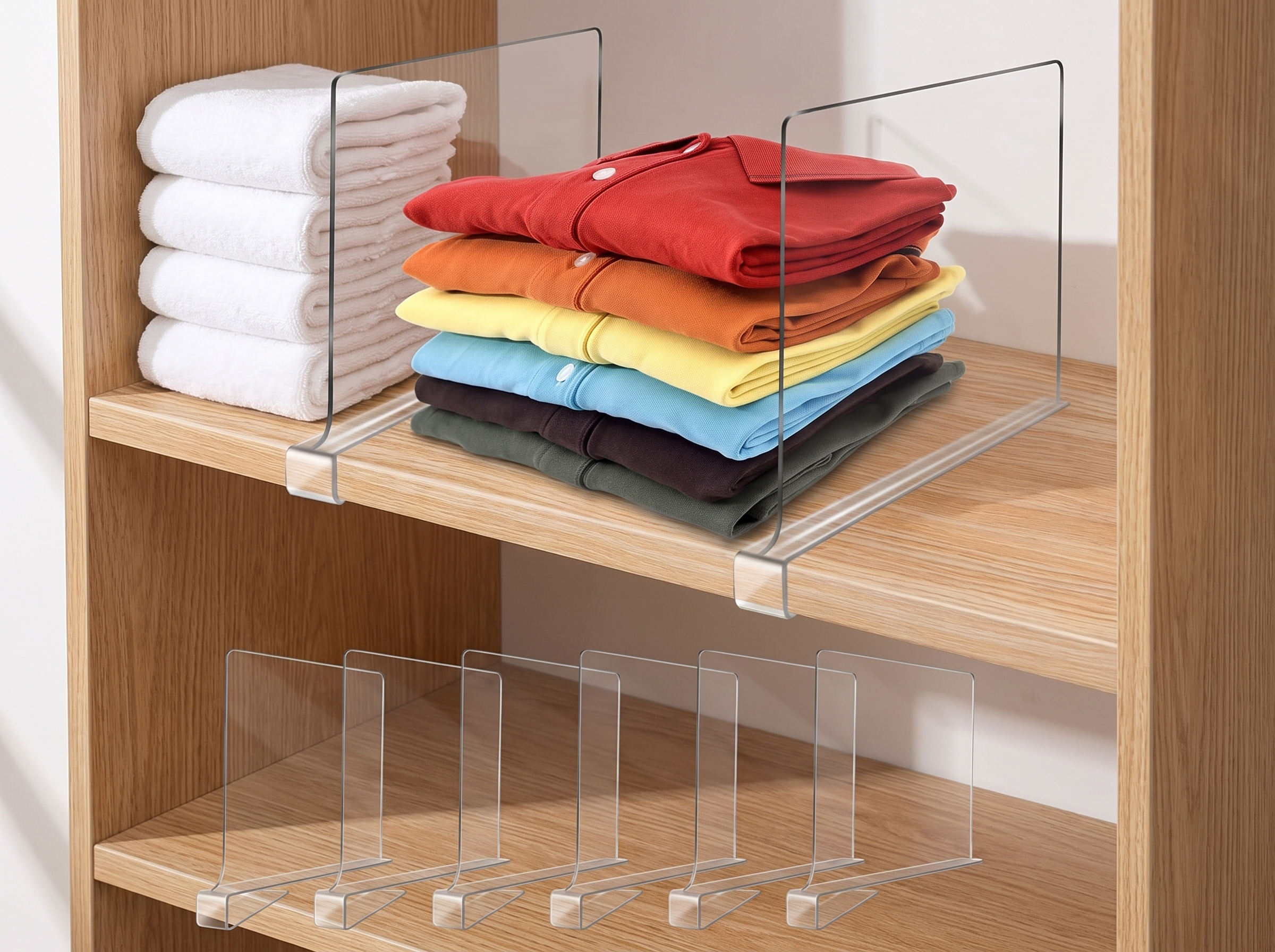 Transparent Closet Shelf Dividers for Tidy Wardrobe or Bookcase in a realistic home setting