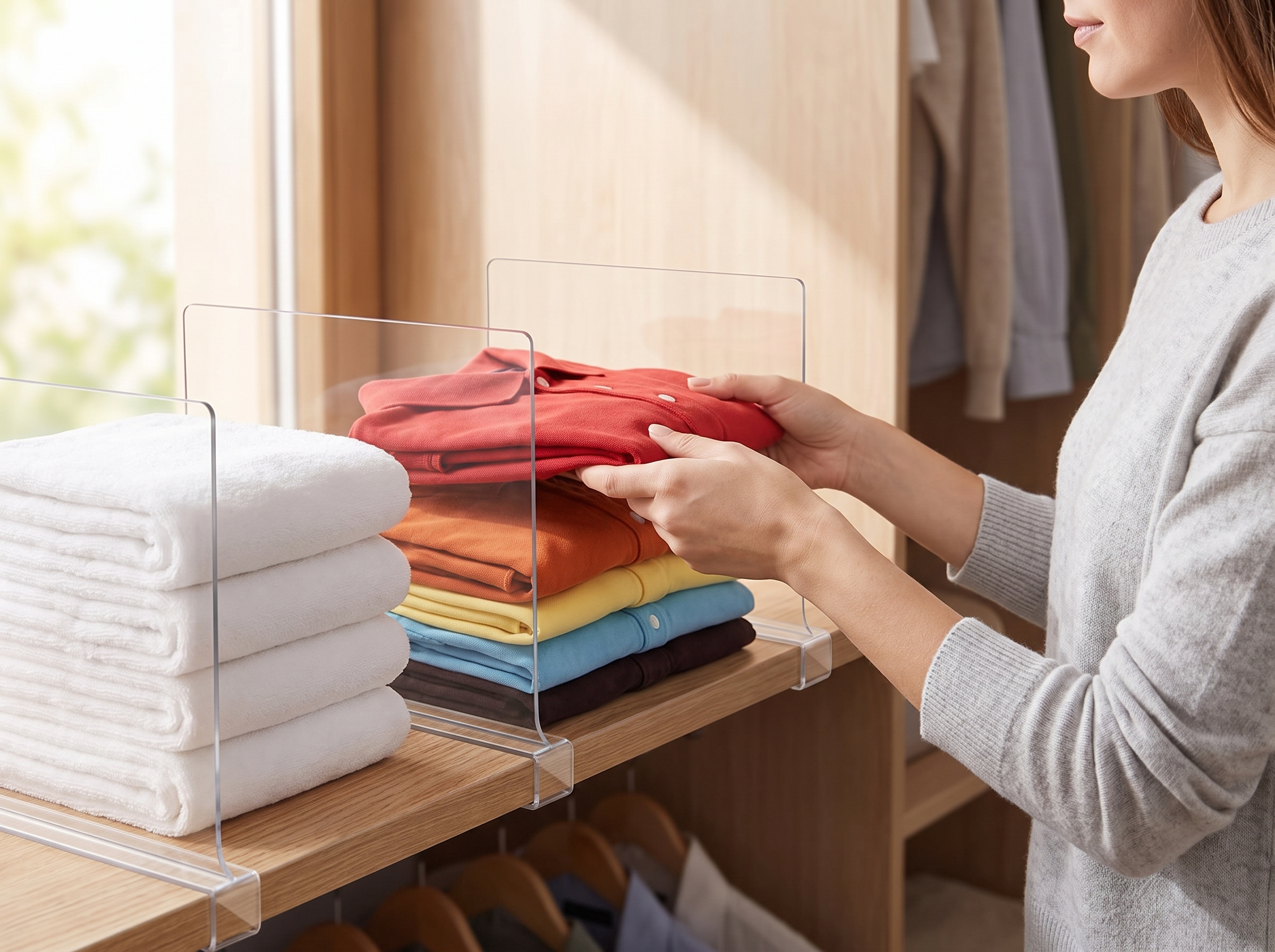 Transparent Closet Shelf Dividers for Tidy Wardrobe or Bookcase shown in natural everyday use at home