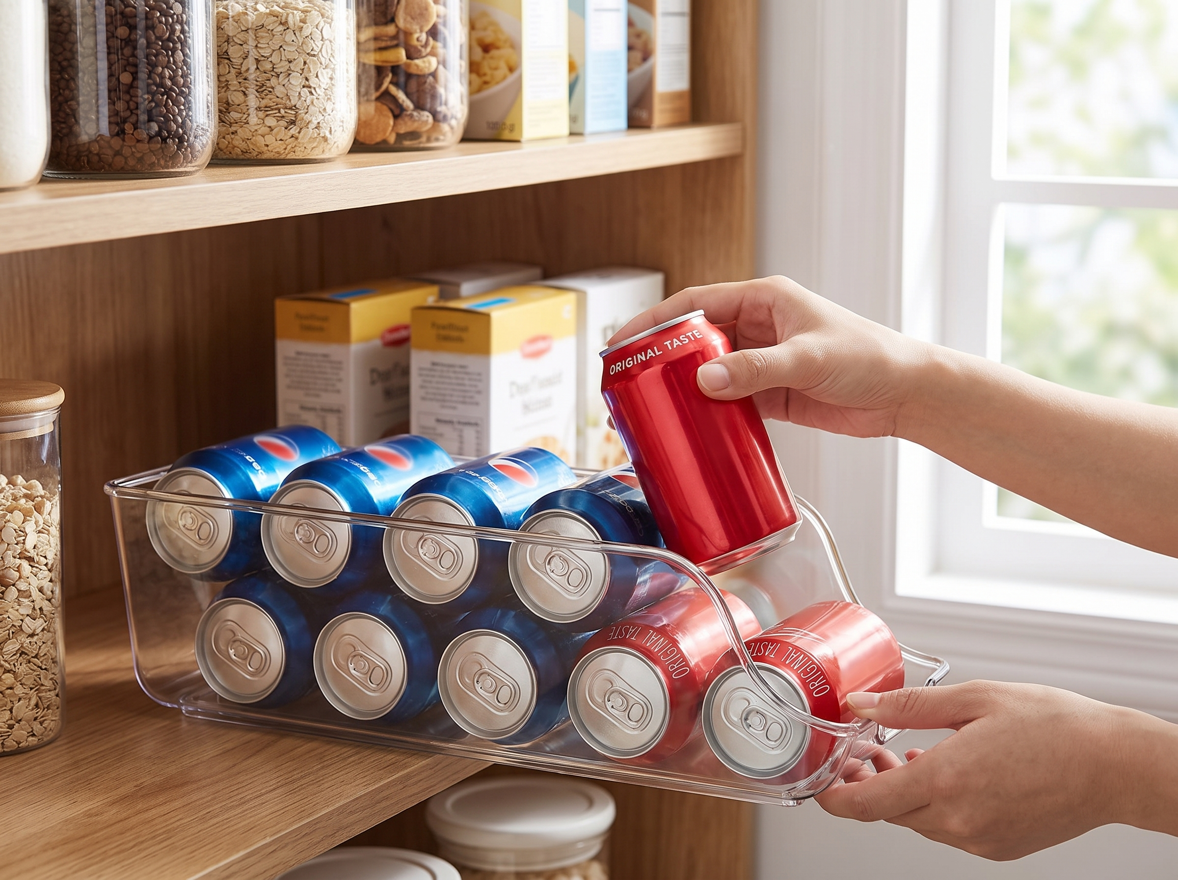 Clear Fridge & Pantry Storage Bins for Cans and Everyday Organization shown in natural everyday use at home