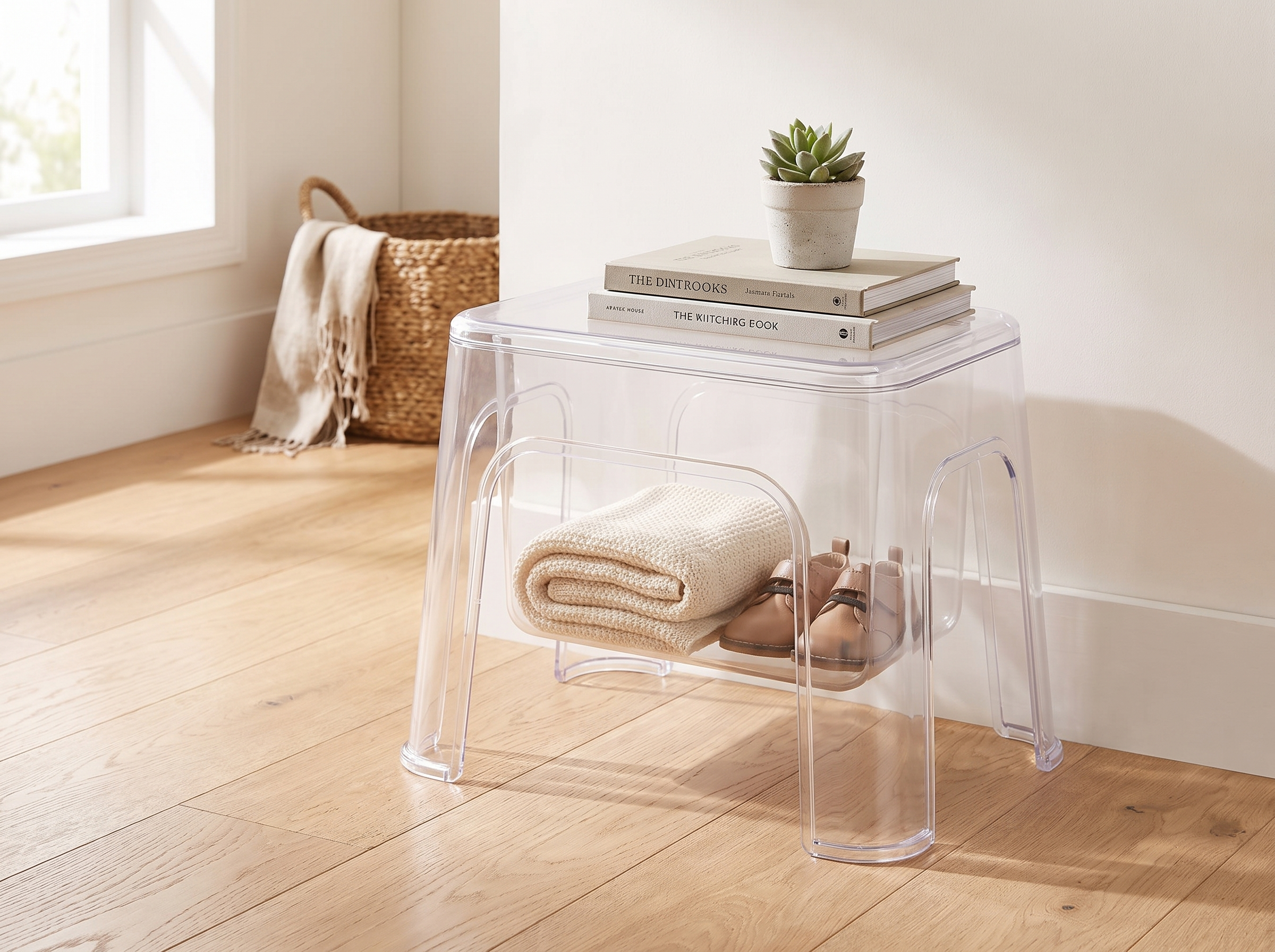 Transparent Storage Step Stool for Entryway, Bathroom, or Kids’ Room in a realistic home setting