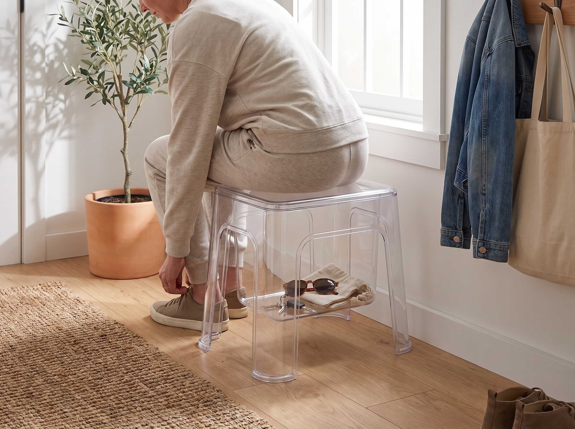 Transparent Storage Step Stool for Entryway, Bathroom, or Kids’ Room shown in natural everyday use at home