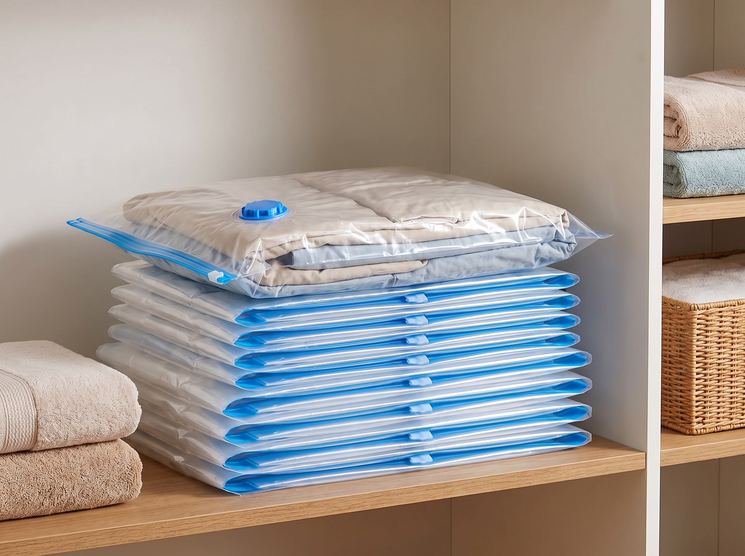 Vacuum Storage Bags for Clothes, Bedding & Travel Organization in a realistic home setting