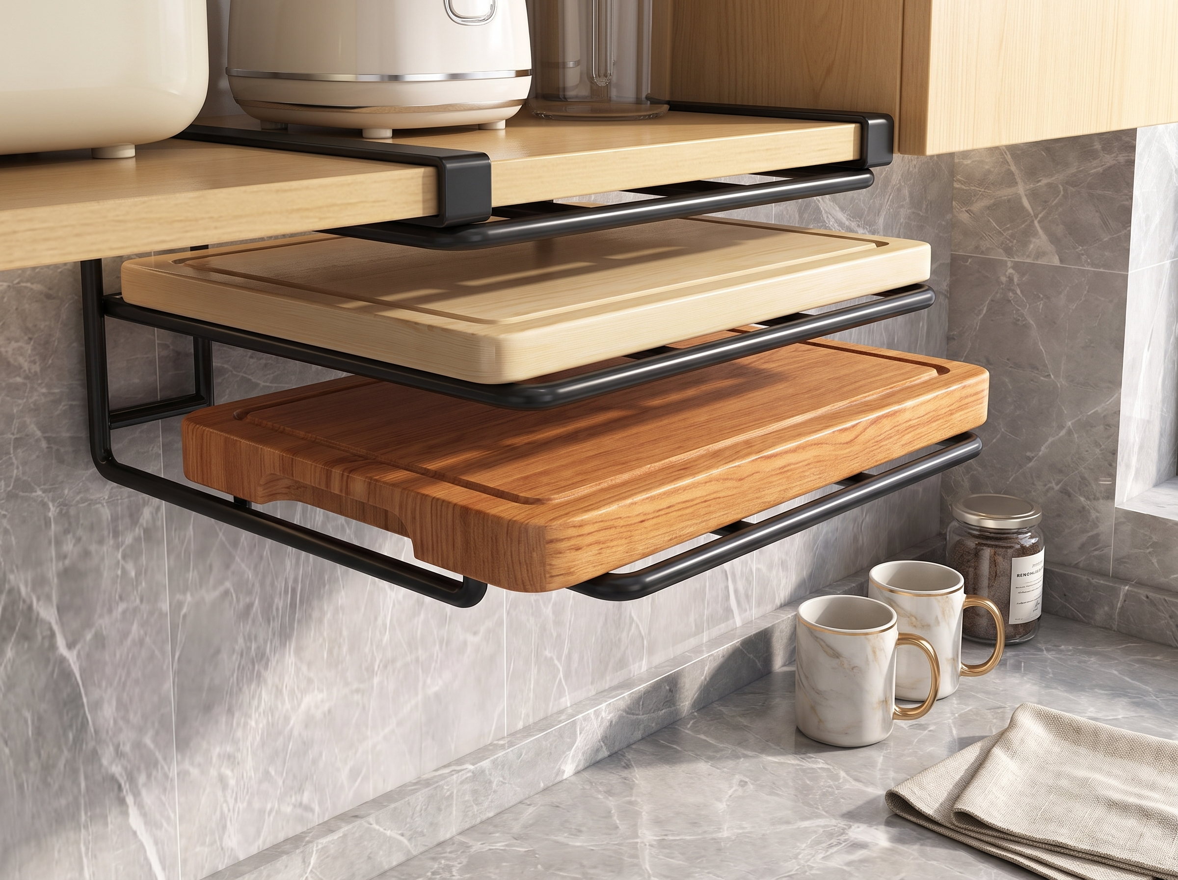 Under Cabinet Metal Organizer Rack with Hooks for Kitchen or Closet in a realistic home setting