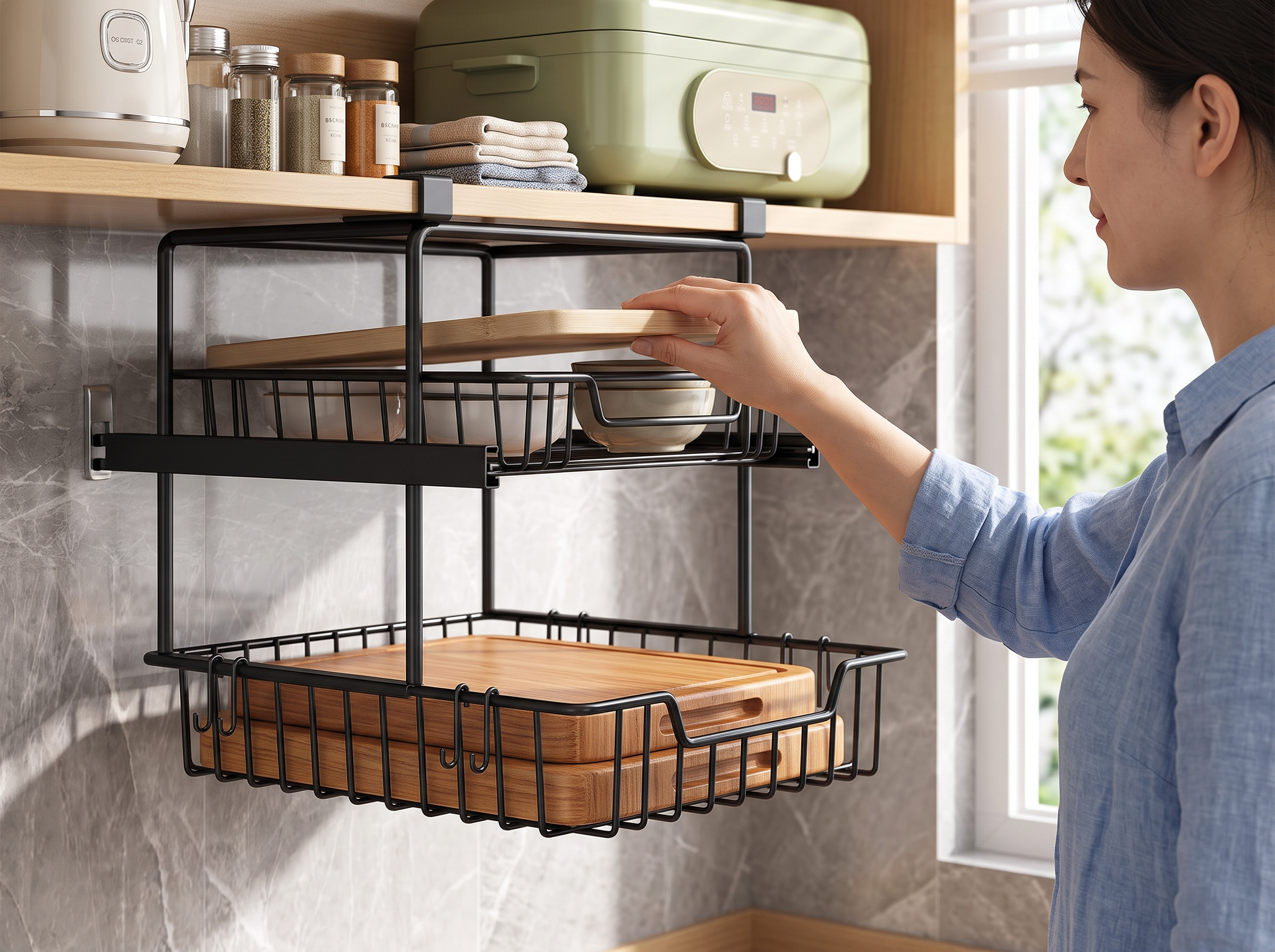 Under Cabinet Metal Organizer Rack with Hooks for Kitchen or Closet shown in natural everyday use at home