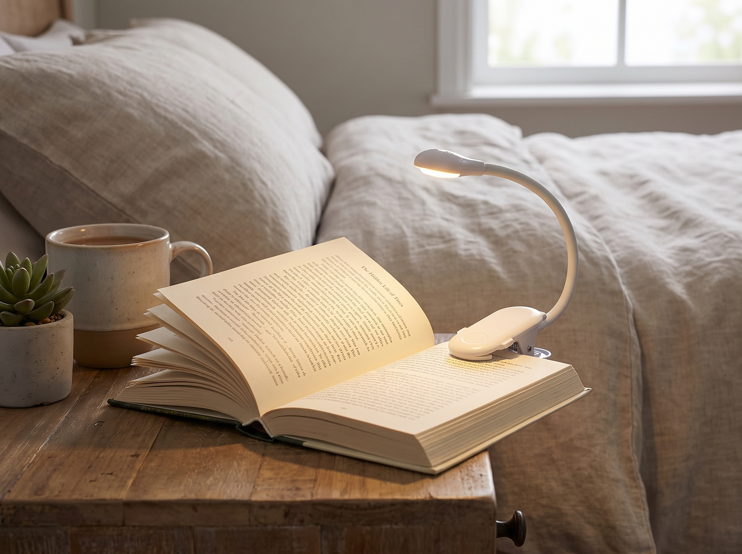 Clip-On USB Rechargeable Book Light for Bedside or Desk in a realistic home setting