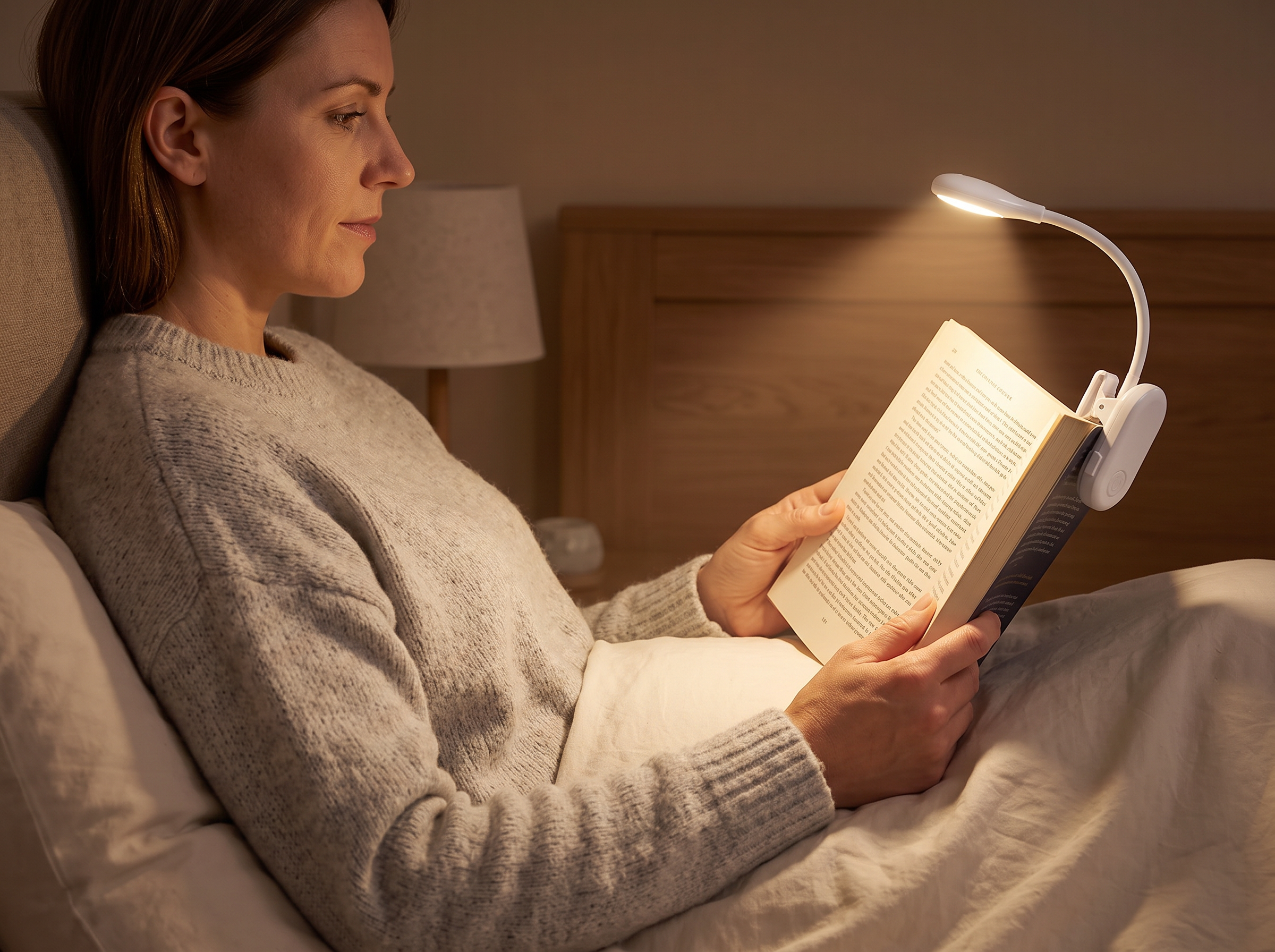 Clip-On USB Rechargeable Book Light for Bedside or Desk shown in natural everyday use at home