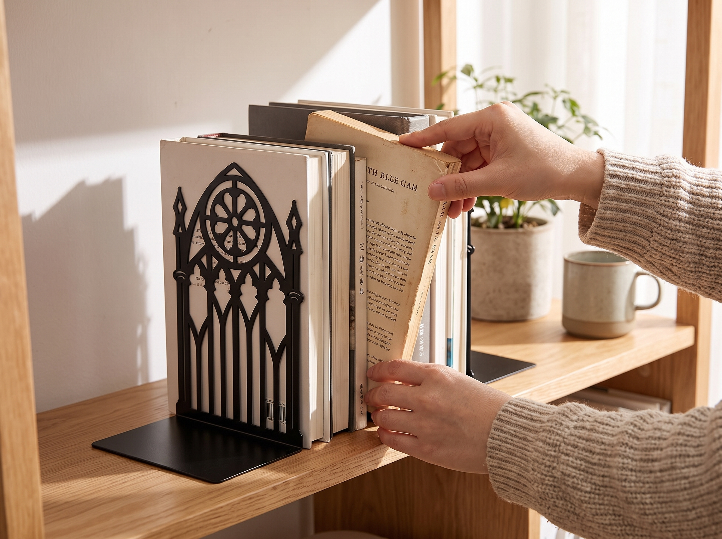 Gothic Gate Metal Bookends for Shelves and Desks shown in natural everyday use at home