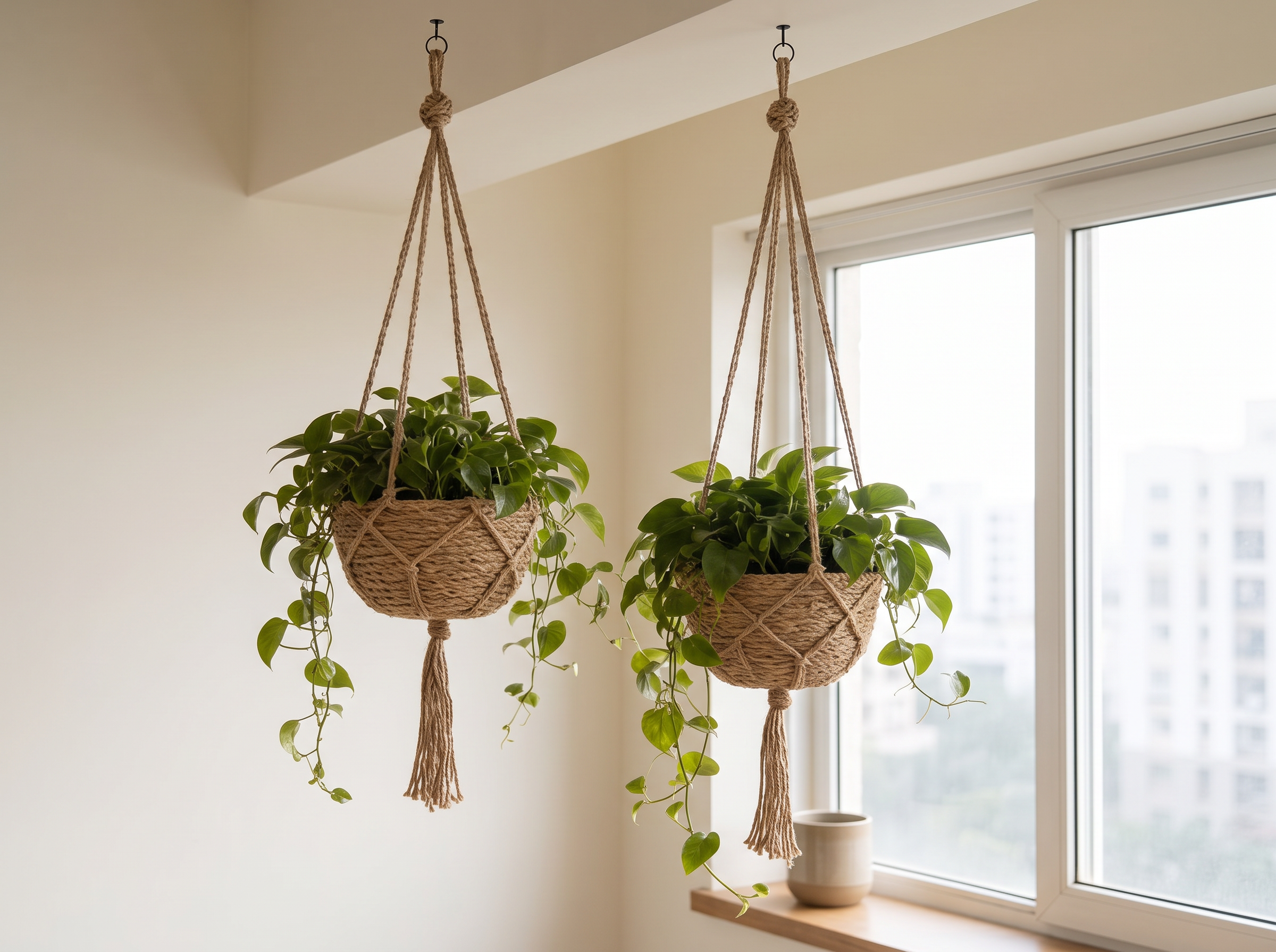 Hand-Knotted Jute Hanging Planter Basket for Indoor & Outdoor Spaces in a realistic home setting