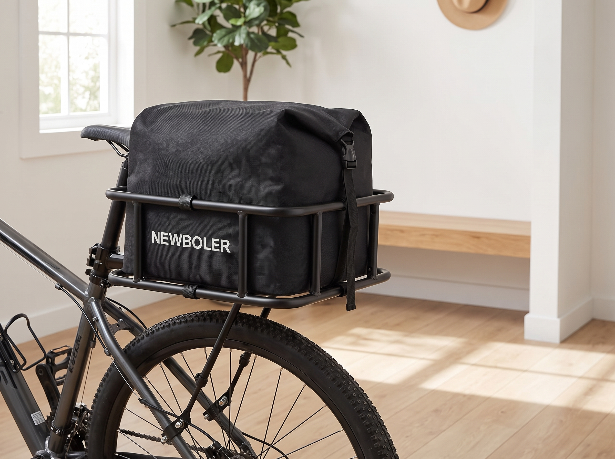 Folding Rear Bike Basket with Removable Insulated Bag for Everyday Carry in a realistic home setting