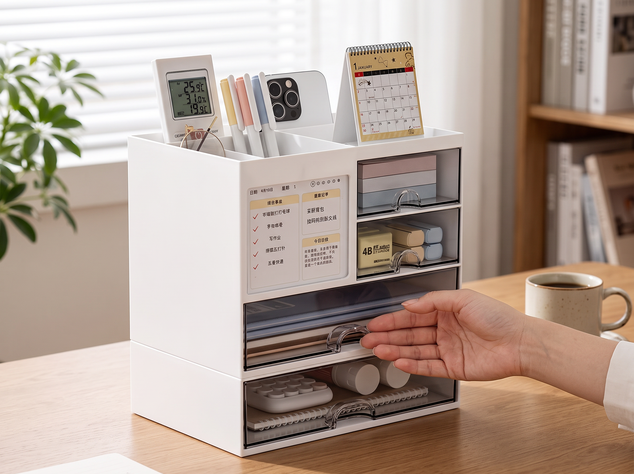 Desktop Drawer Organizer with Compartments for Home Office shown in natural everyday use at home