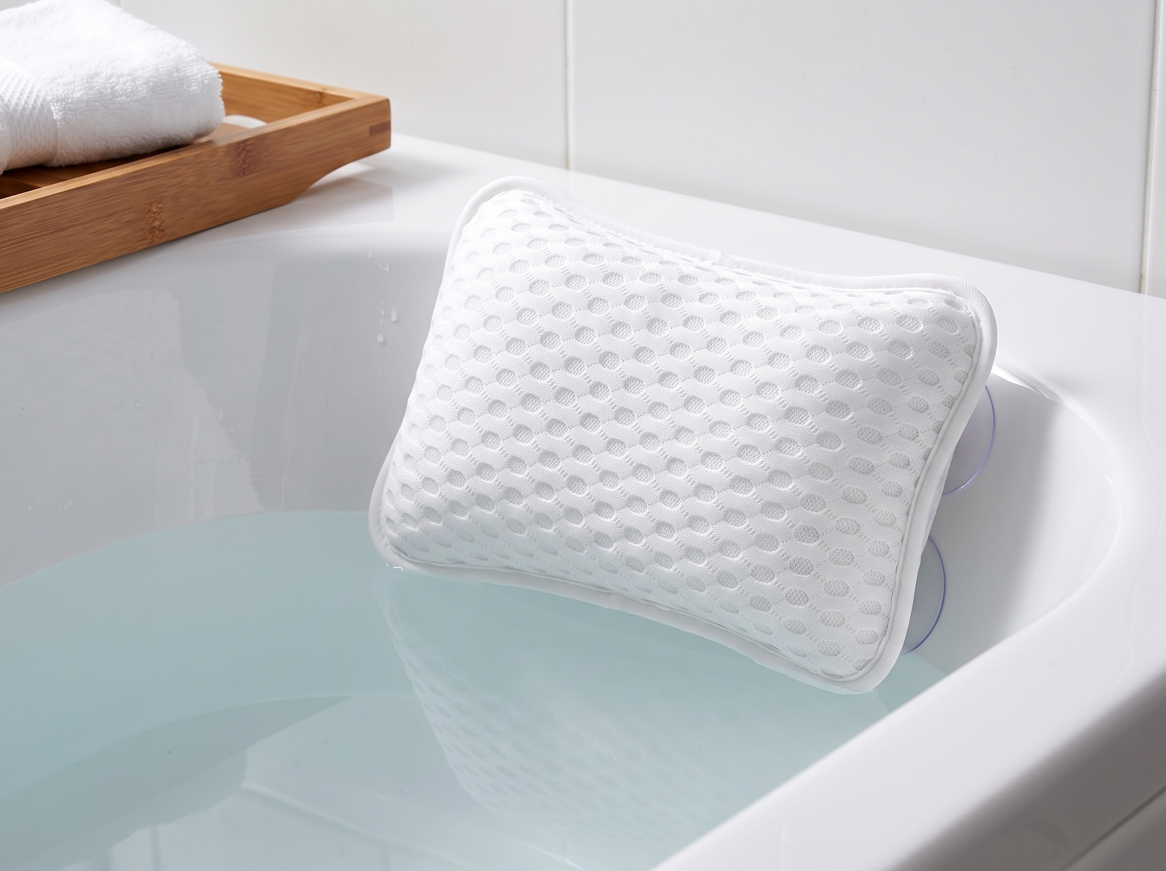Machine Washable Suction Cup Bathtub Pillow for Head and Neck Support in a realistic home setting