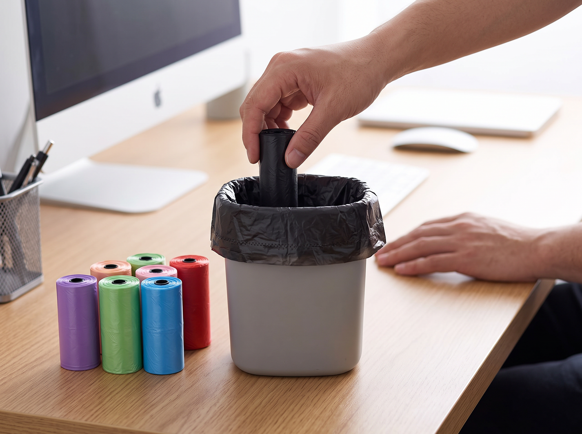 Mini Trash Bag Rolls for Car, Desk, or Small Trash Cans shown in natural everyday use at home
