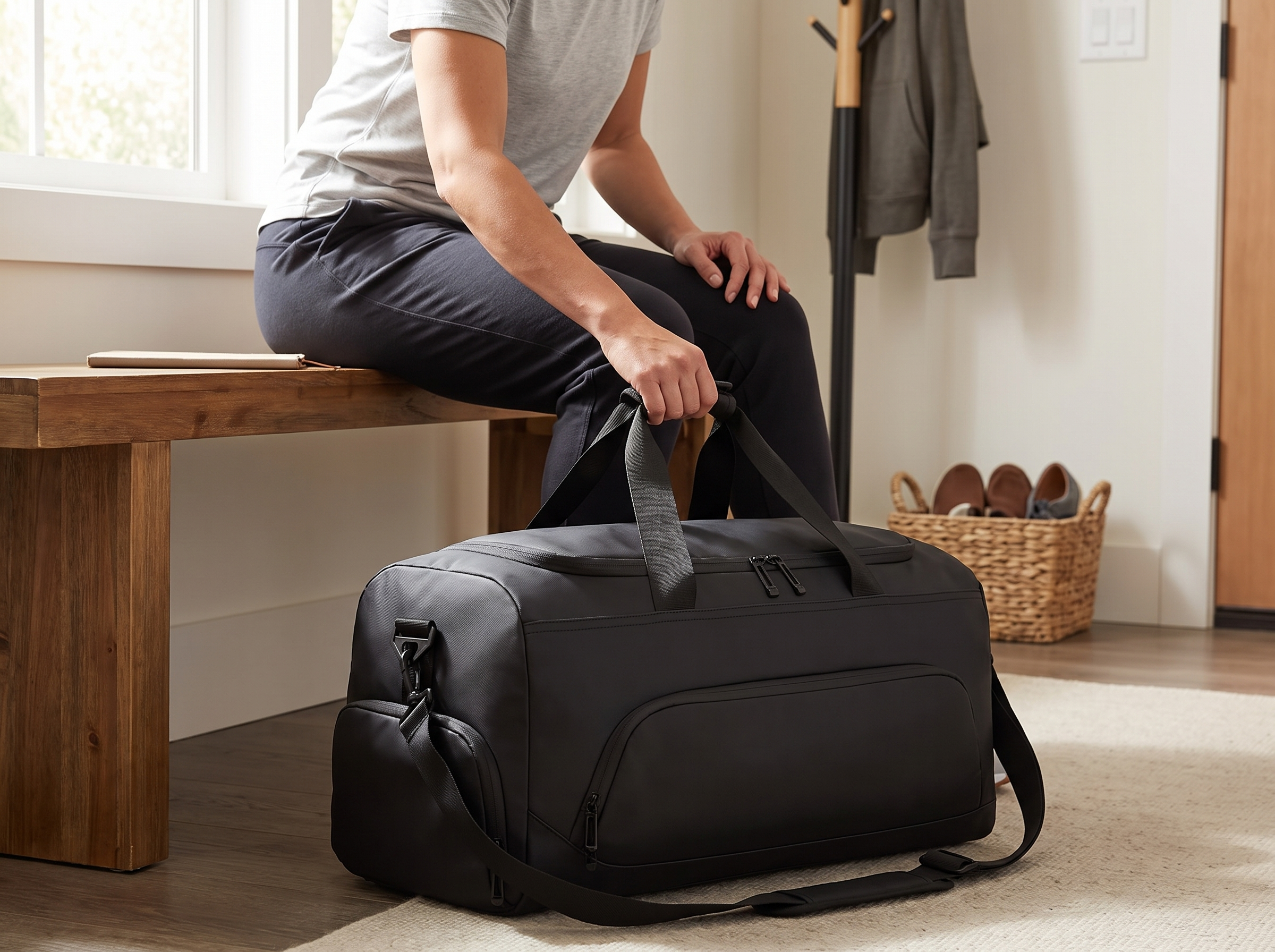 Large Capacity Gym and Travel Duffel Bag with Shoe Compartment shown in natural everyday use at home