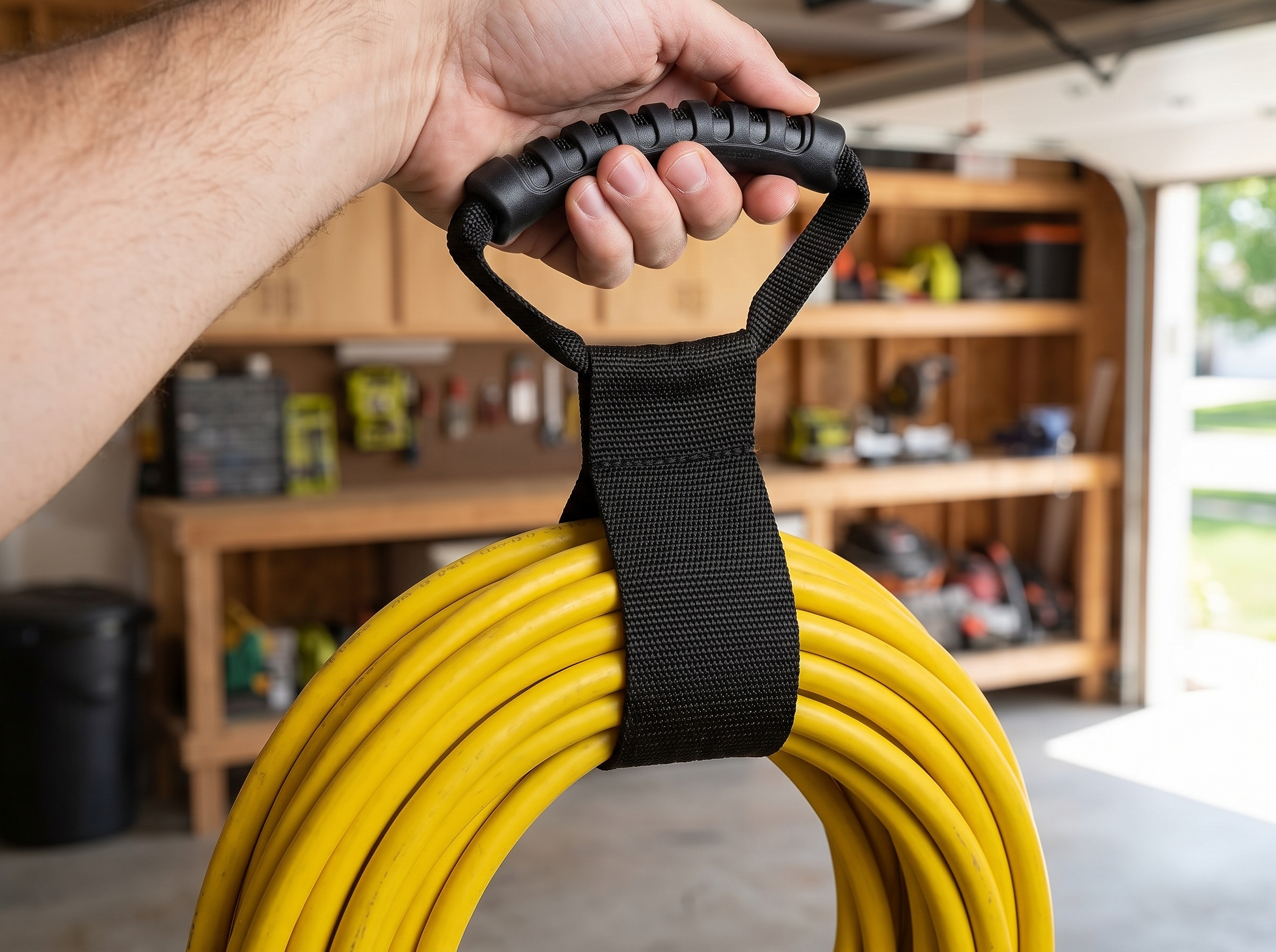 Extension Cord Organizer Strap with Handle for Garage or Utility Storage shown in natural everyday use at home