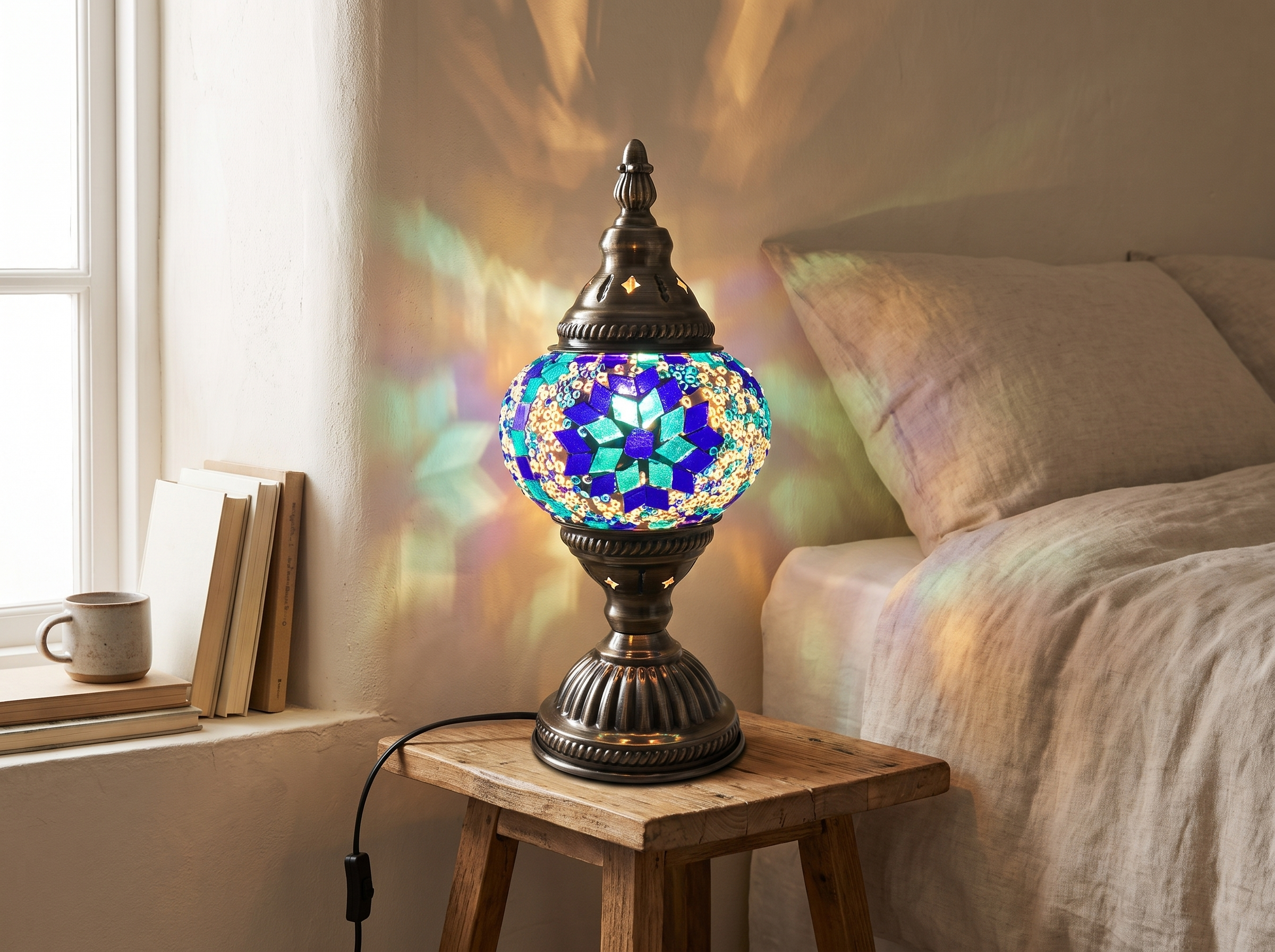 Stained Glass Mosaic Table Lamp for Bedroom or Cozy Nook in a realistic home setting