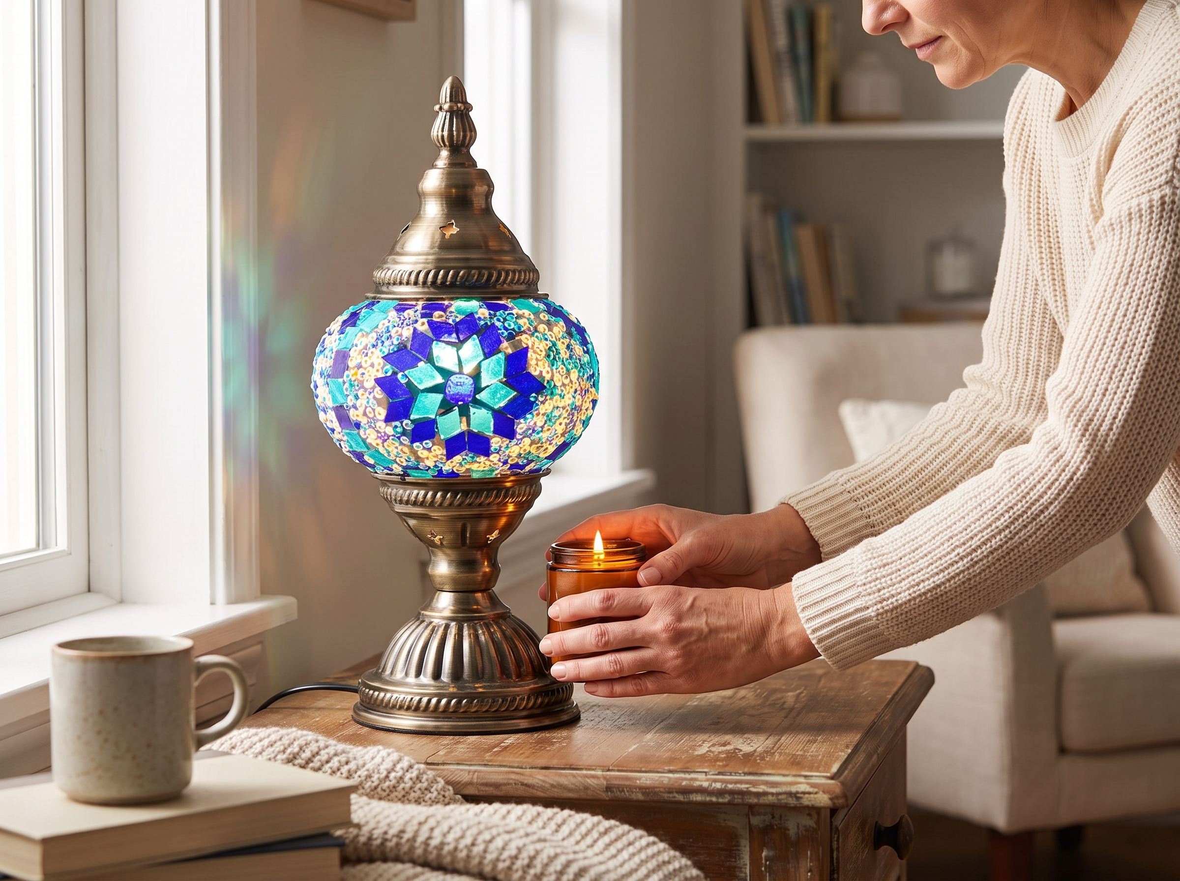 Stained Glass Mosaic Table Lamp for Bedroom or Cozy Nook shown in natural everyday use at home