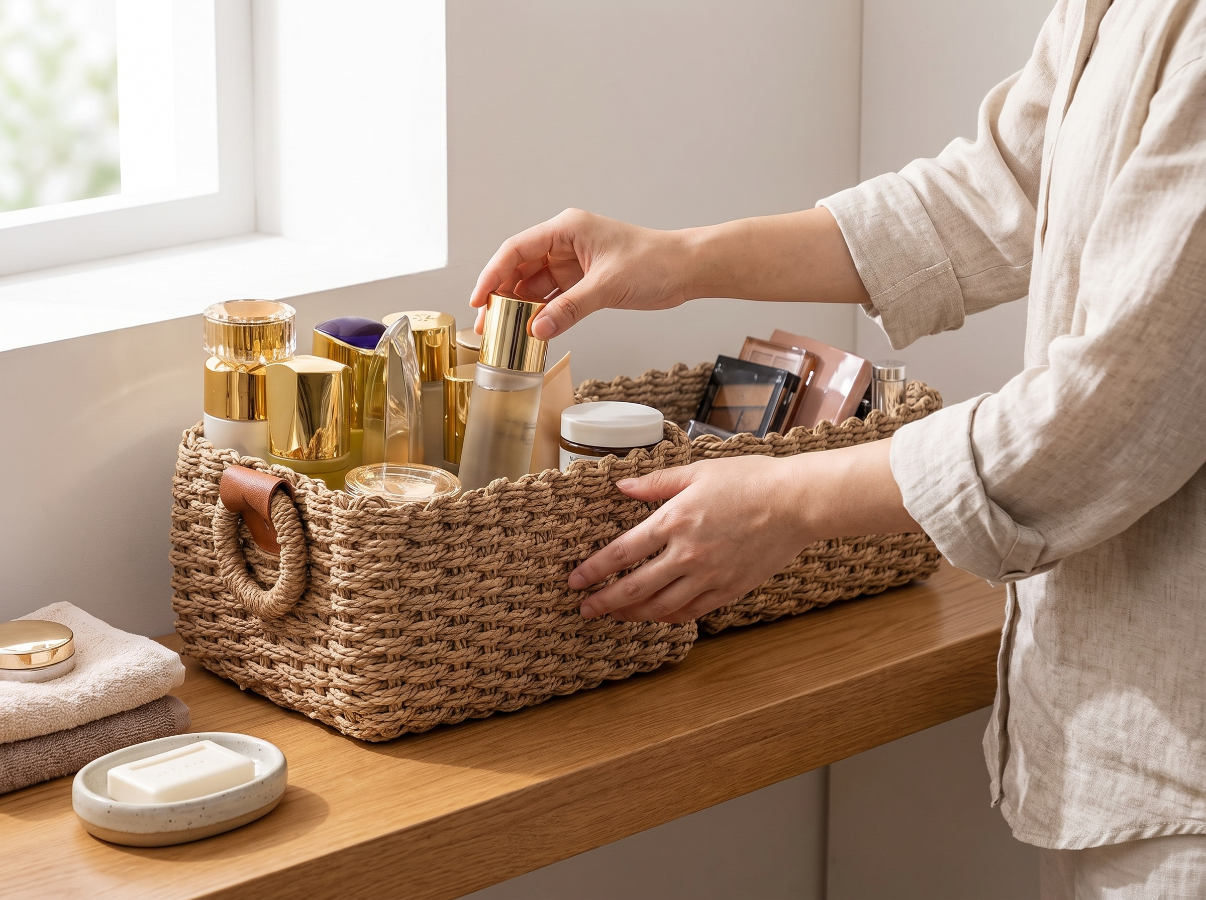Handwoven Paper Rope Storage Basket for Vanity, Shelf, or Desk shown in natural everyday use at home