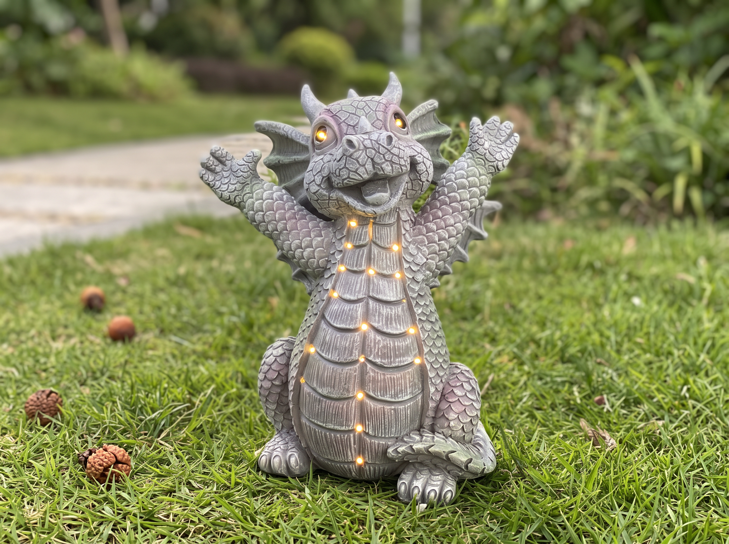 Resin Dragon Meditation Garden Statue with LED Light in a realistic home setting