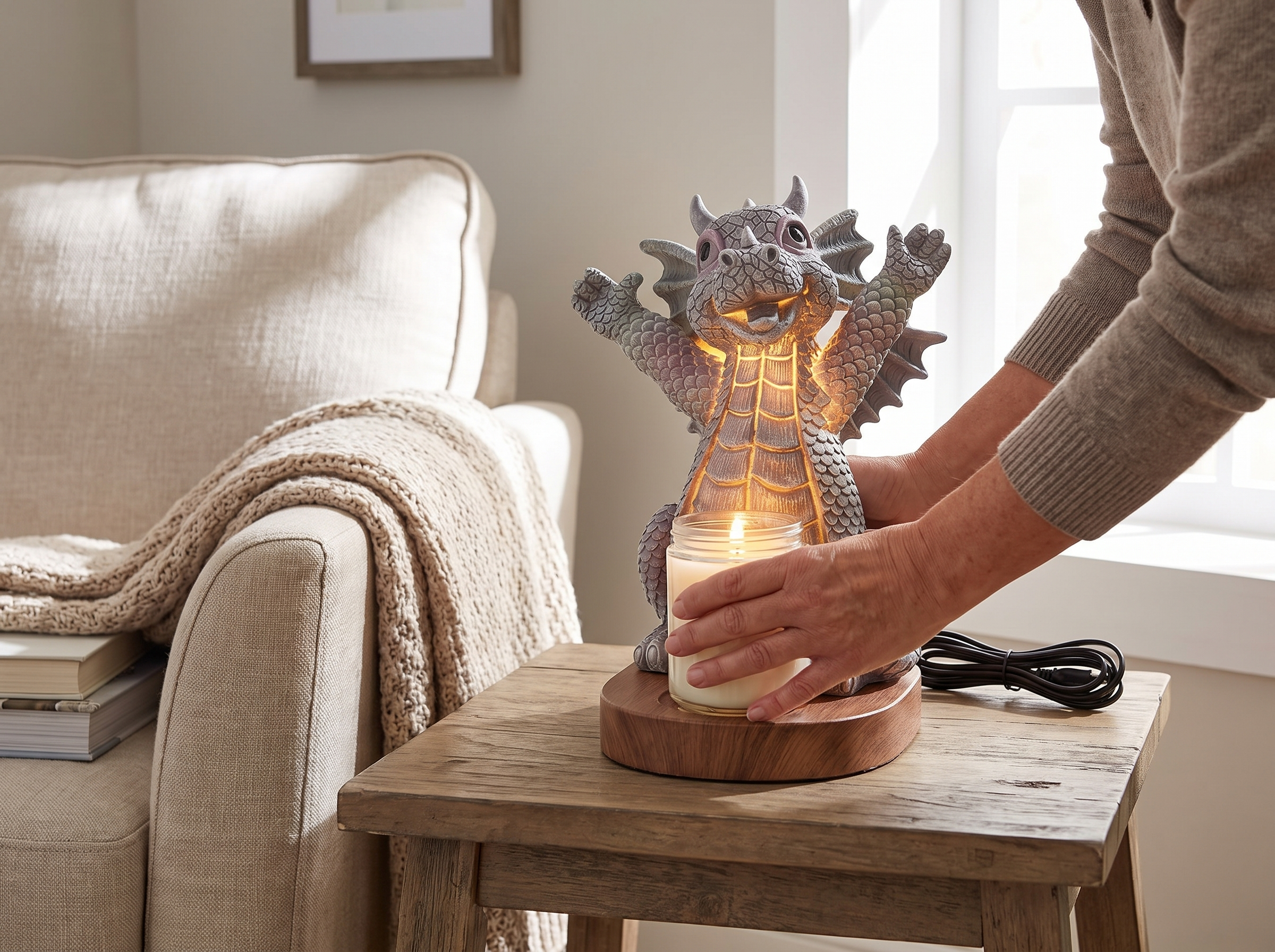 Resin Dragon Meditation Garden Statue with LED Light shown in natural everyday use at home