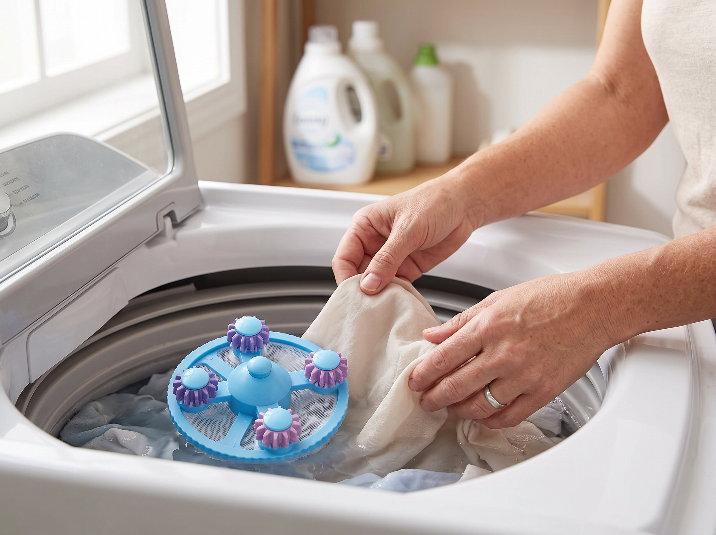 Floating Lint Catcher Ball for Washing Machine – Assorted Colors shown in natural everyday use at home