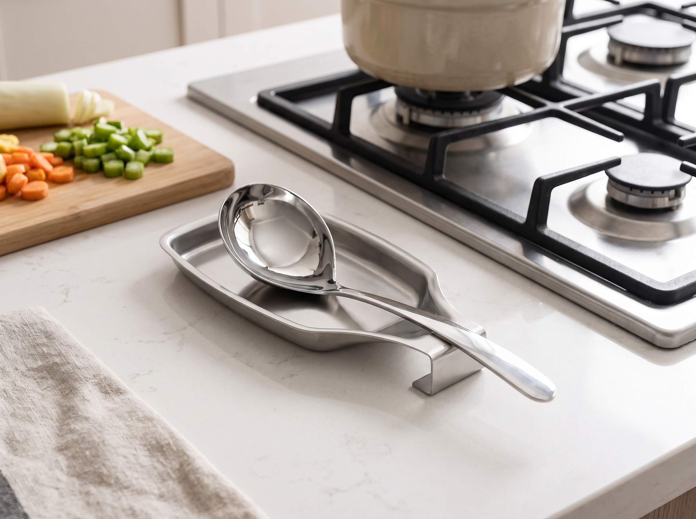 Stainless Steel Spoon Rest for Kitchen Counters & Stovetops in a realistic home setting