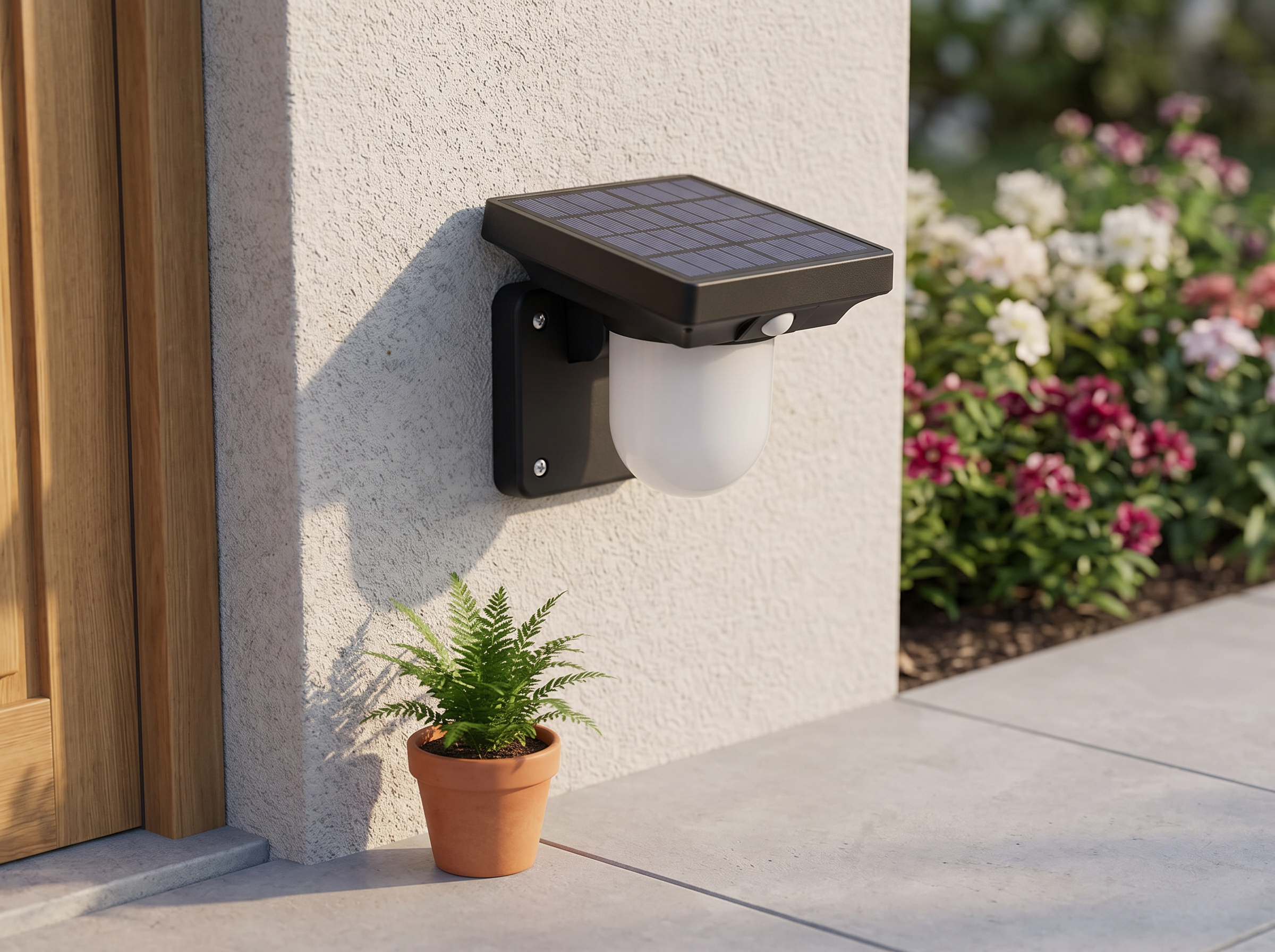 Solar Powered Outdoor Pathway & Wall Light with Motion Sensor in a realistic home setting