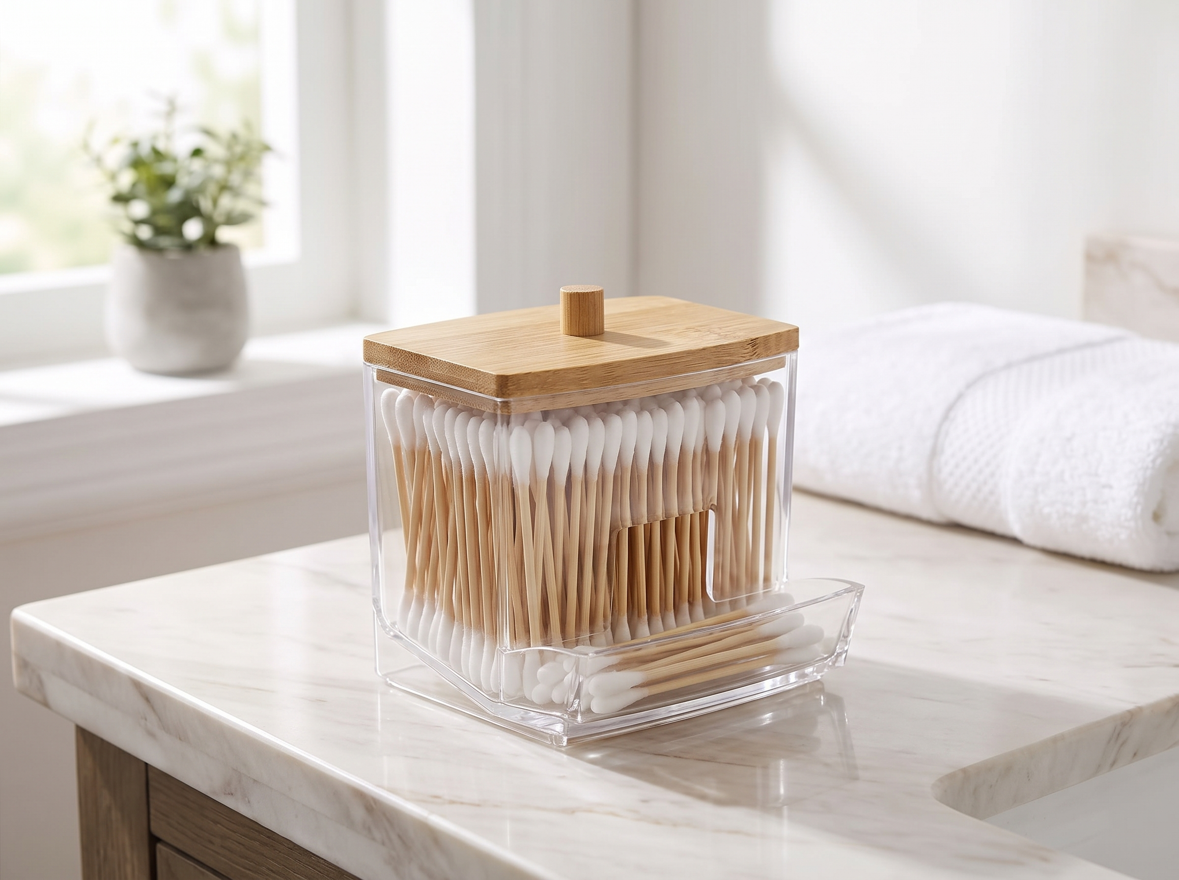 Clear Cotton Swab & Pad Holder with Lid for Bathroom and Vanity in a realistic home setting