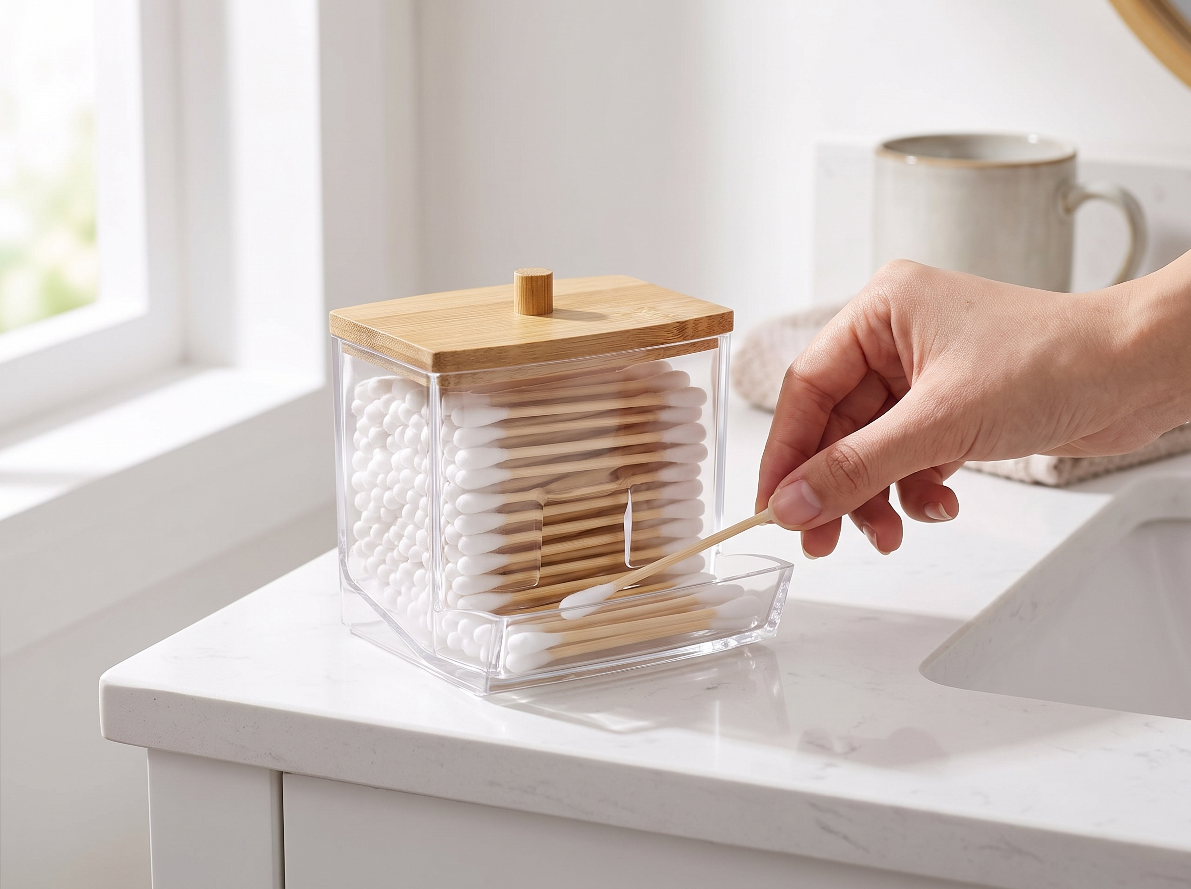 Clear Cotton Swab & Pad Holder with Lid for Bathroom and Vanity shown in natural everyday use at home