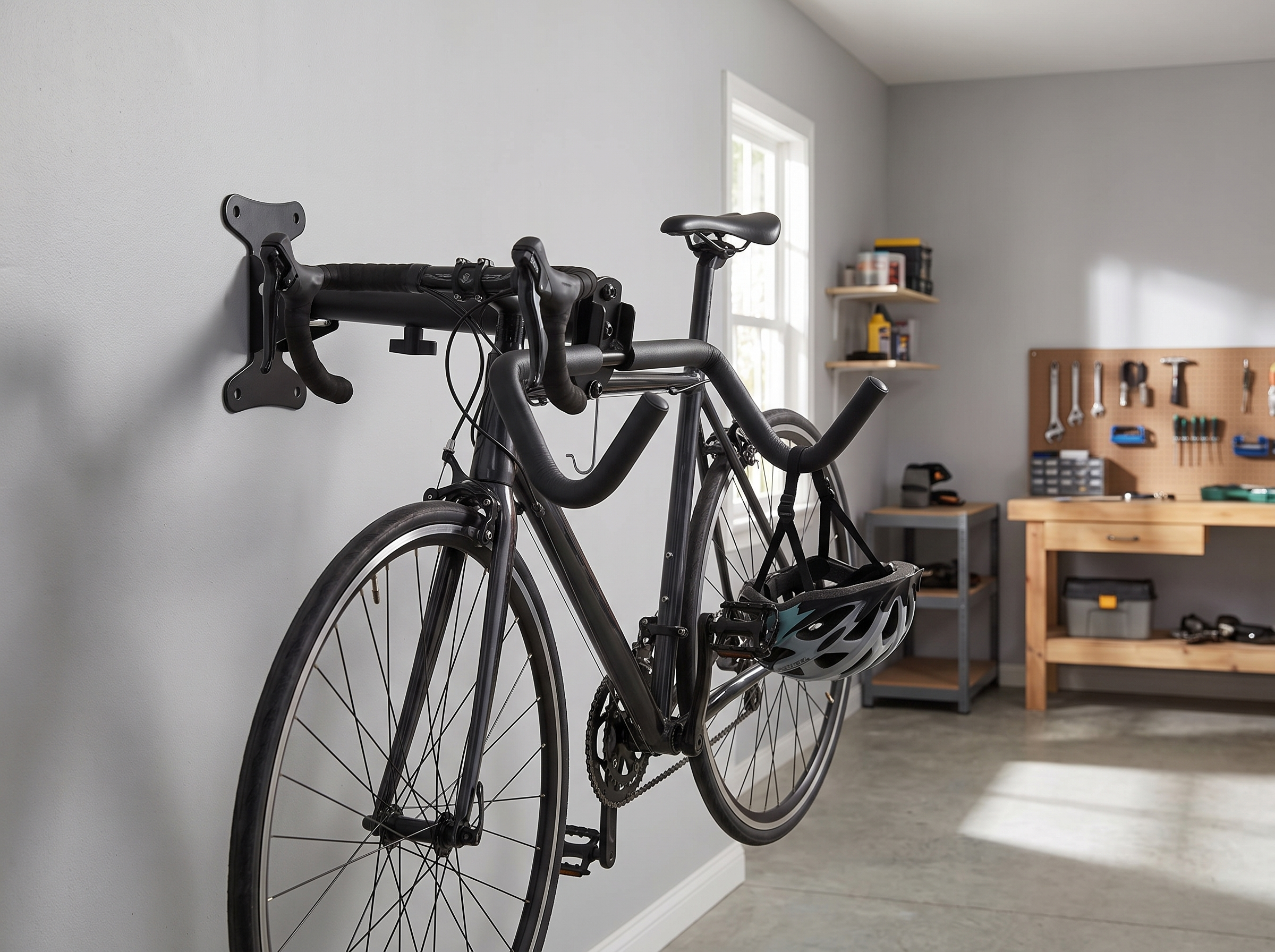Foldable Adjustable Bike Wall Mount with Accessory Hook in a realistic home setting