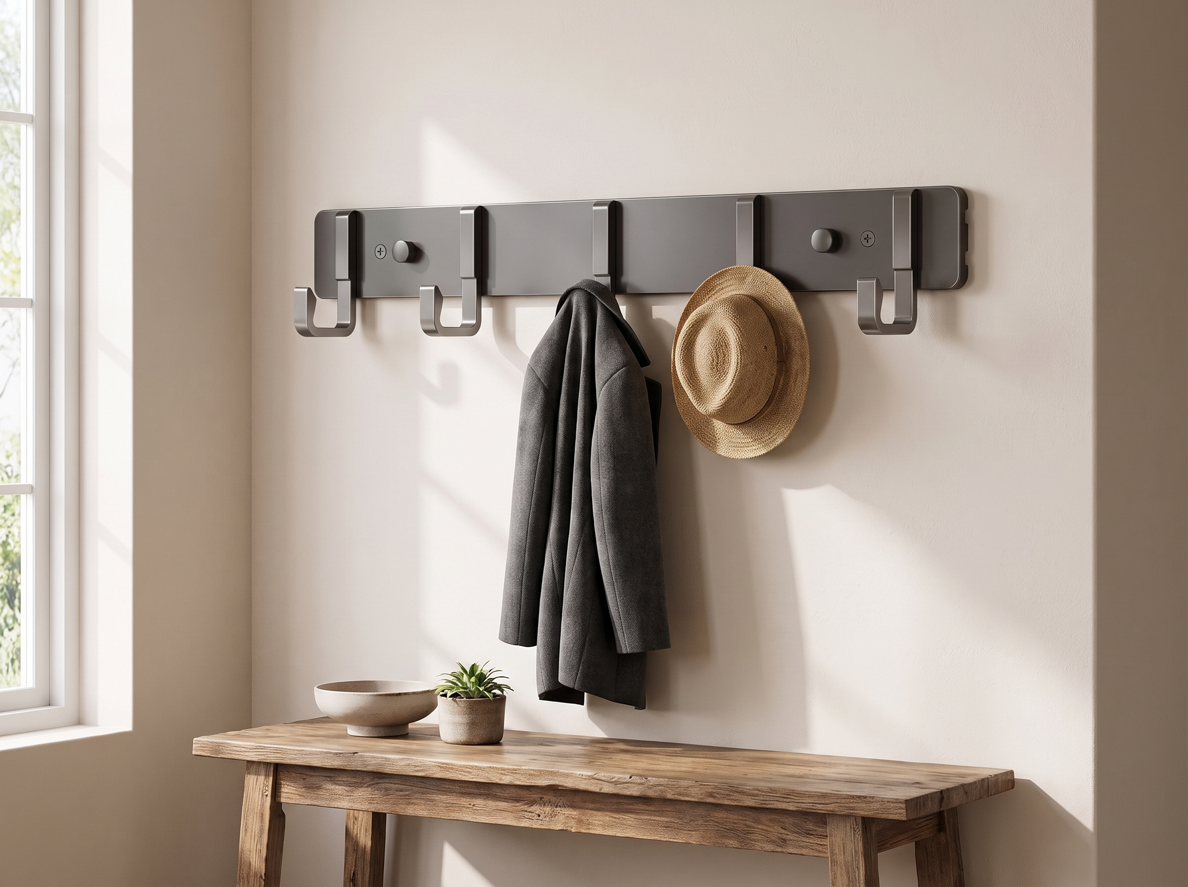 Aluminum Wall Hooks for Entryway, Closet, or Bathroom Organization in a realistic home setting