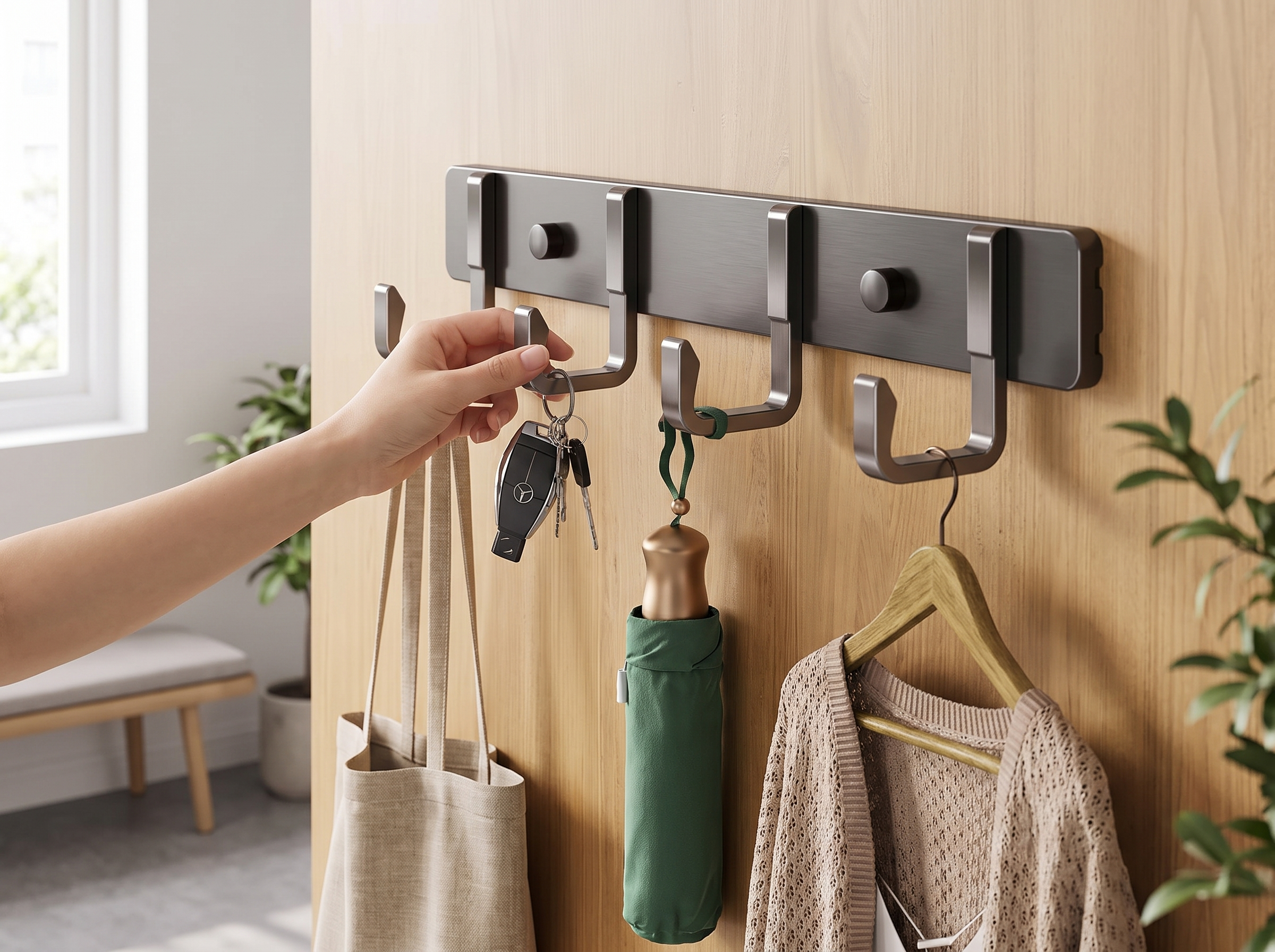 Aluminum Wall Hooks for Entryway, Closet, or Bathroom Organization shown in natural everyday use at home