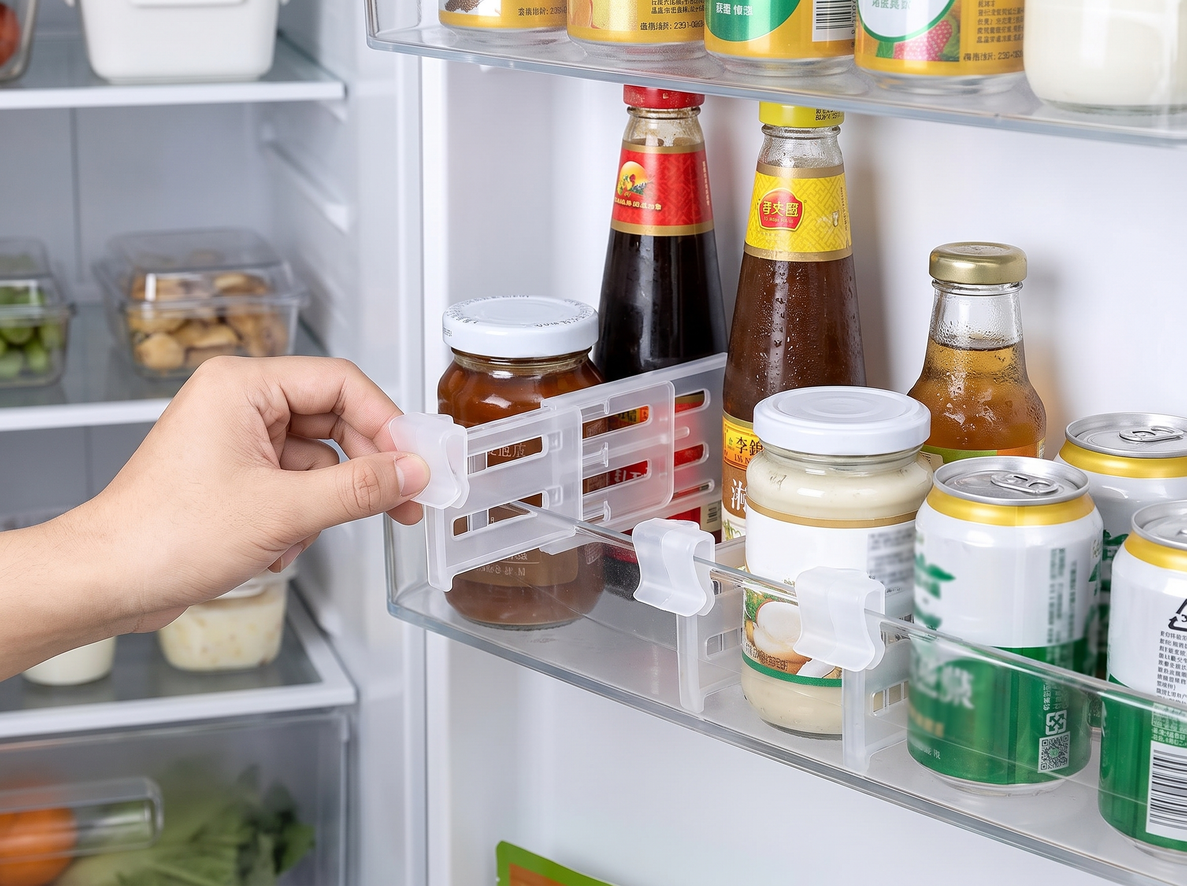 Adjustable Fridge Dividers for Bottles and Sauce, Set of 1/6/12 shown in natural everyday use at home