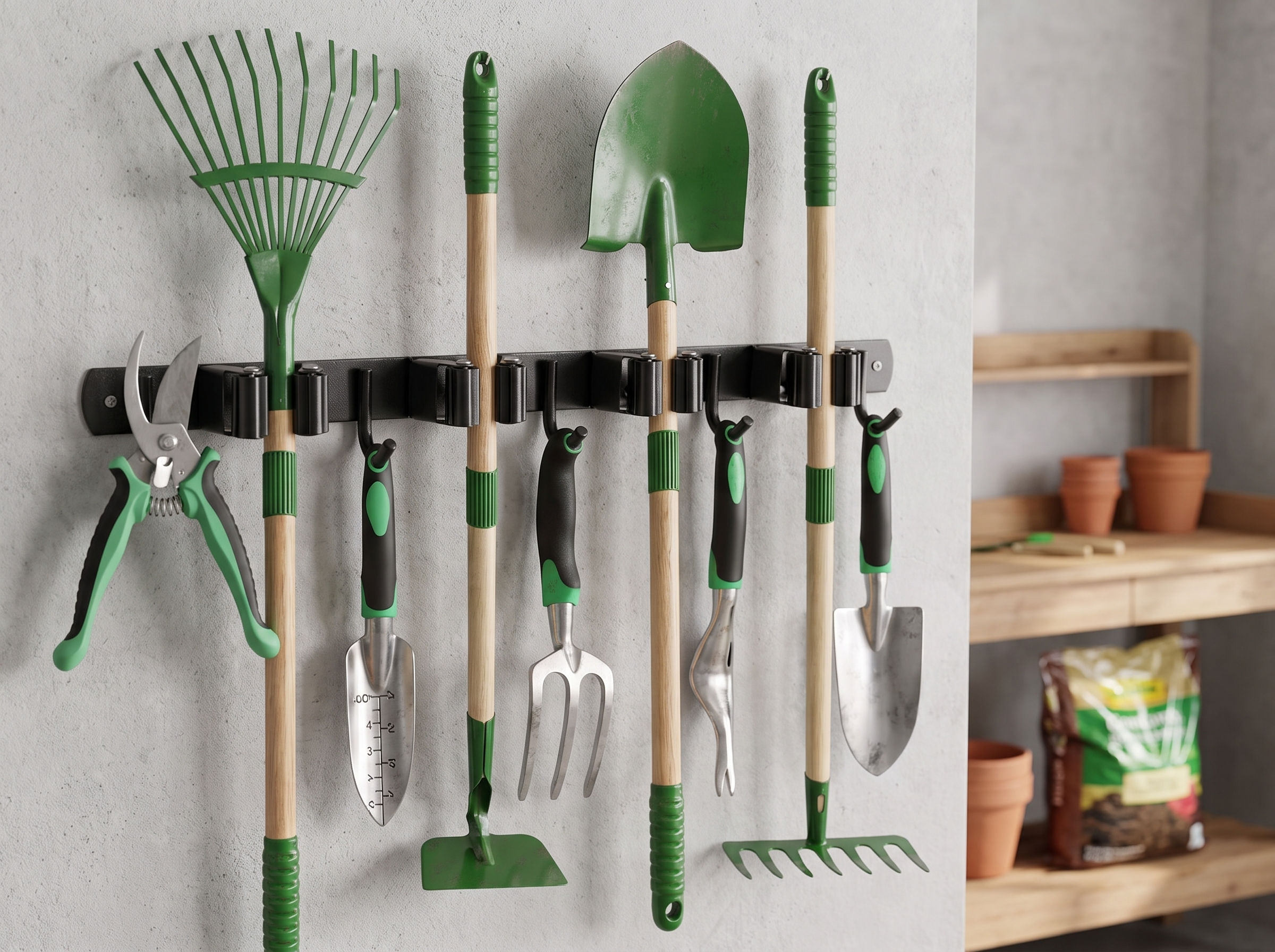 Wall-Mounted Metal Tool Rack with Hooks for Garage, Garden, or Utility Room in a realistic home setting