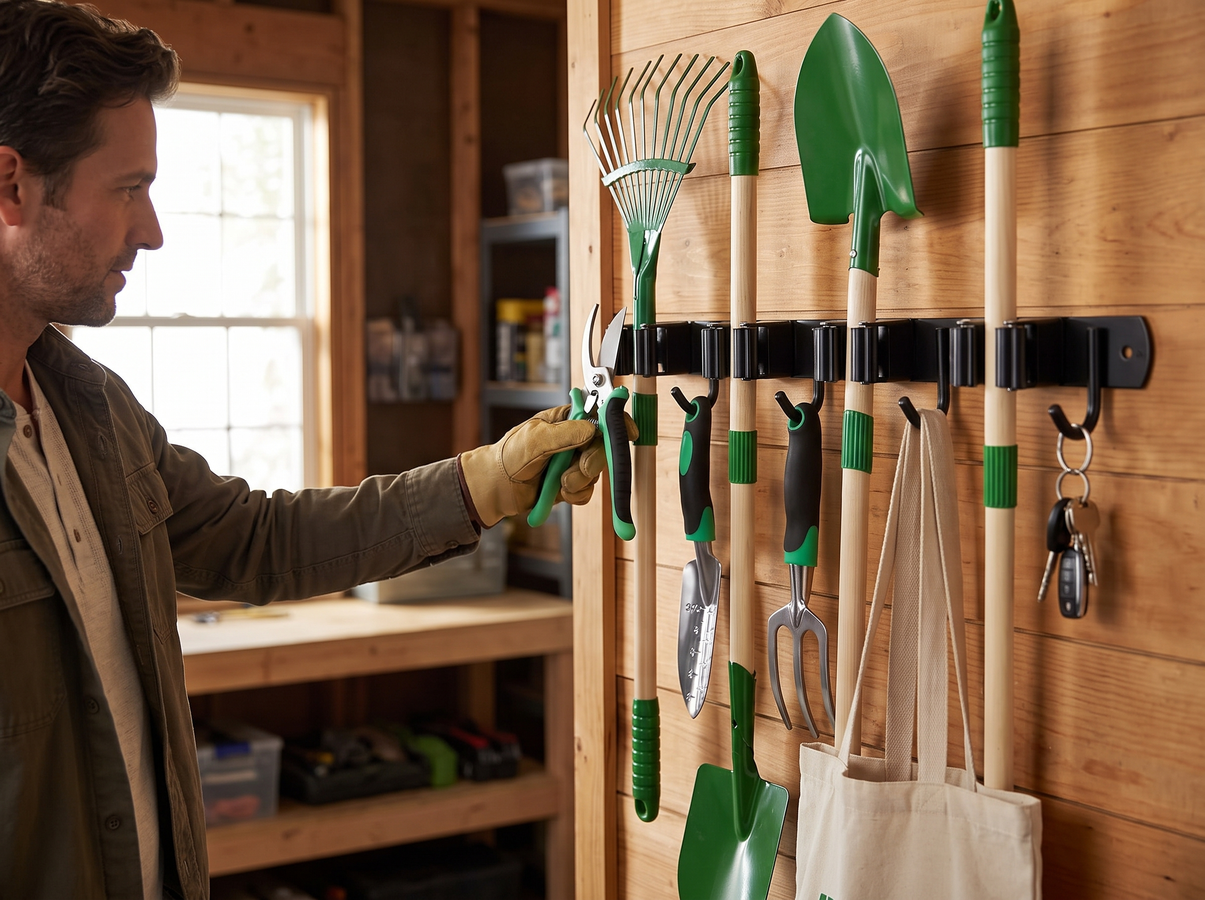 Wall-Mounted Metal Tool Rack with Hooks for Garage, Garden, or Utility Room shown in natural everyday use at home