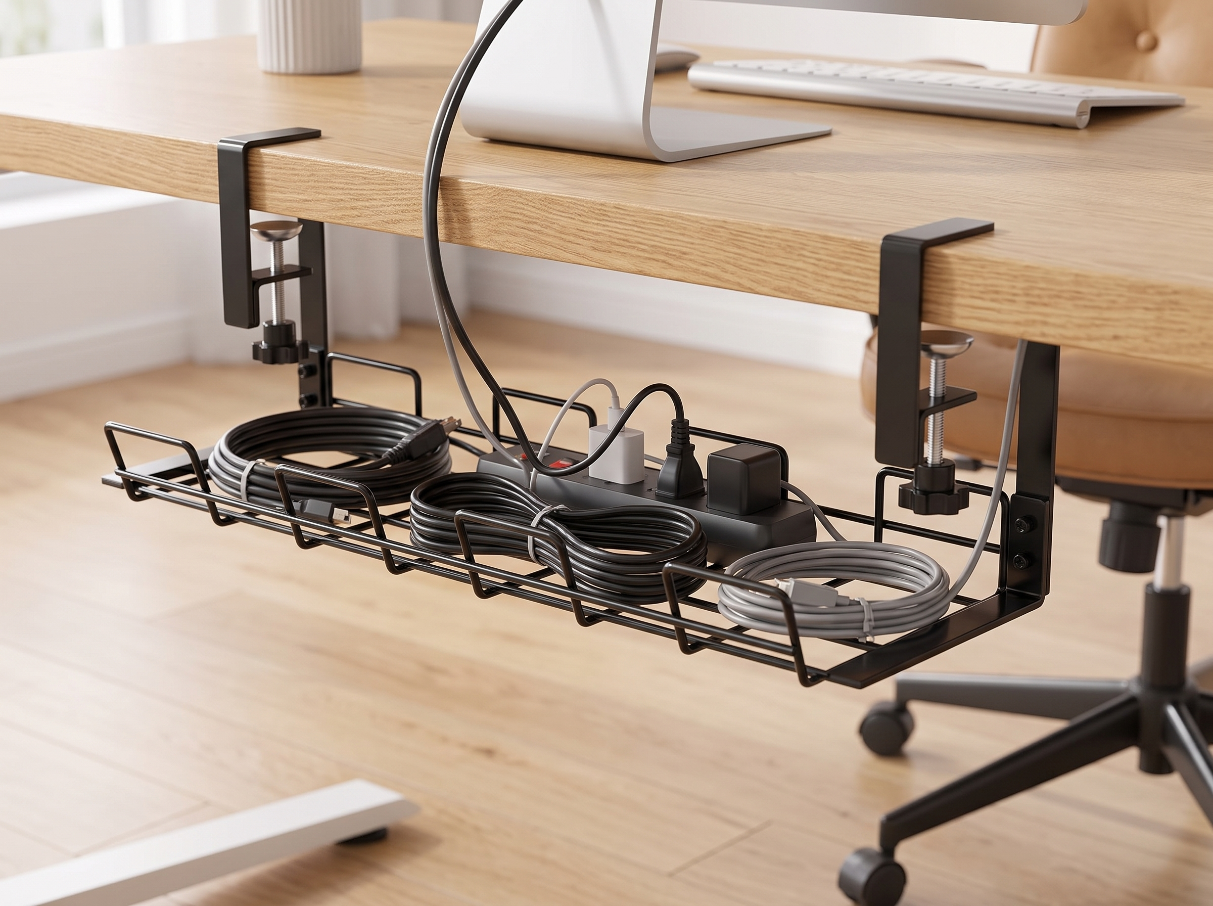Under Desk Cable Management Tray – No-Drill Metal Cable Organizer in a realistic home setting