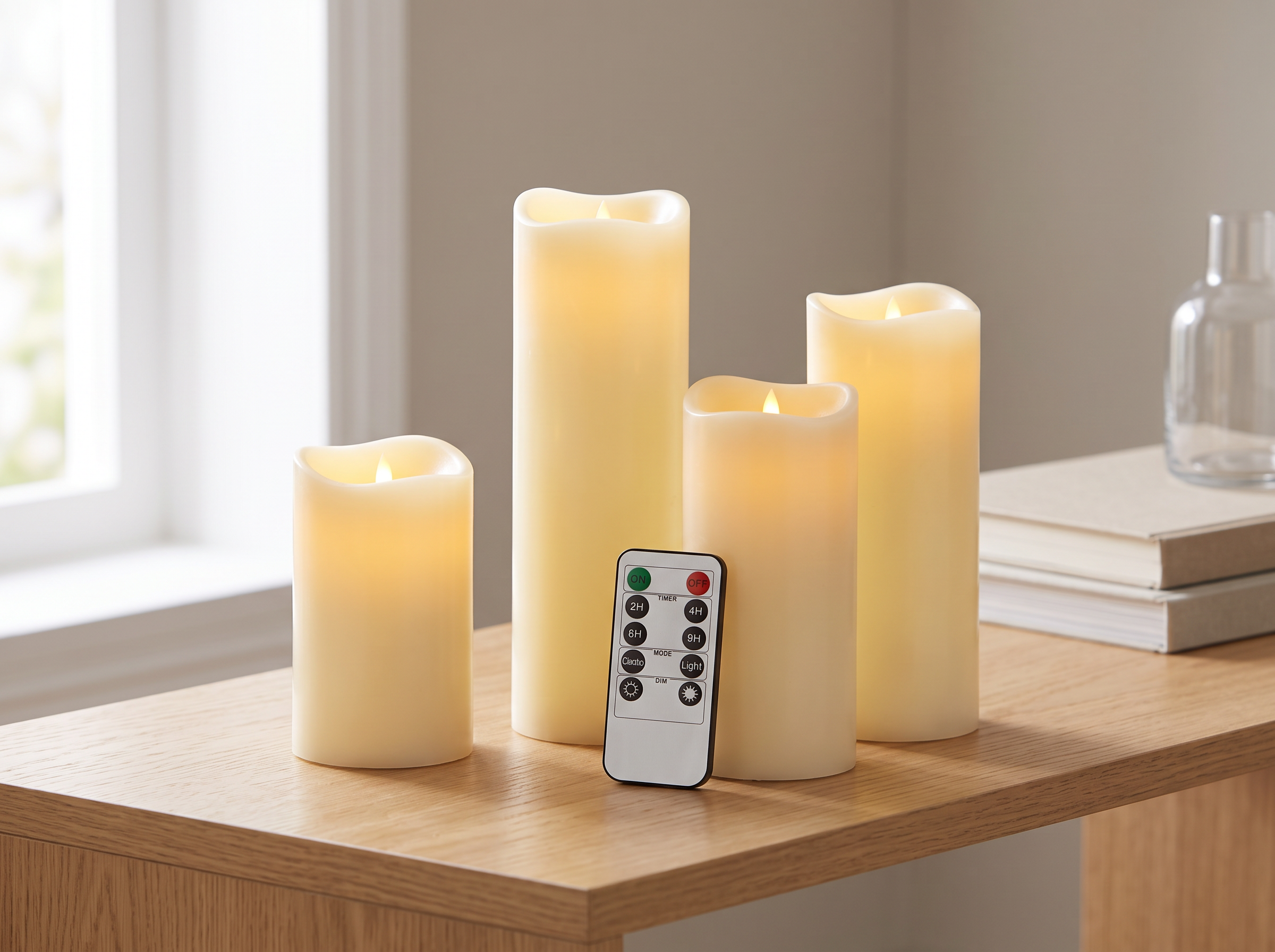 Remote Control LED Flameless Candle Set – Ivory Pillar Candles in a realistic home setting