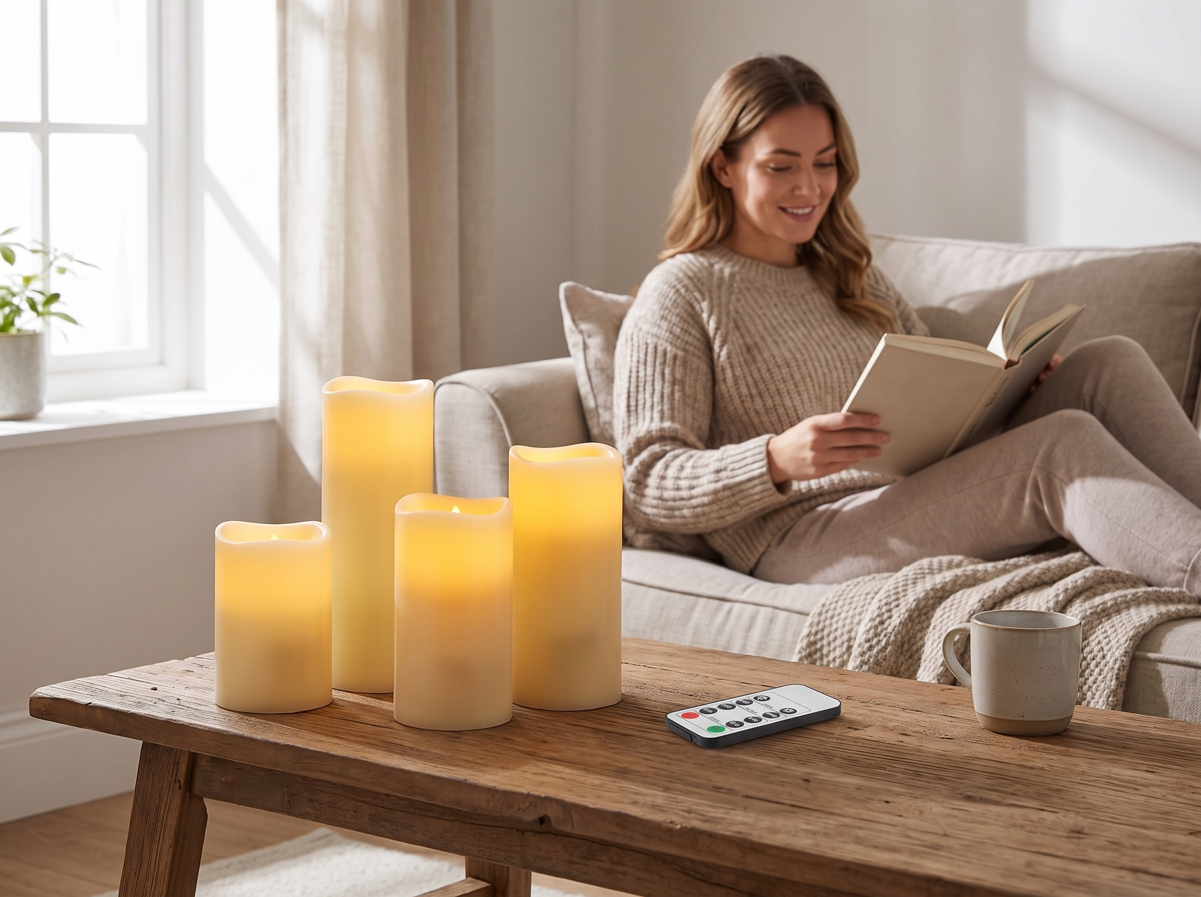 Remote Control LED Flameless Candle Set – Ivory Pillar Candles shown in natural everyday use at home