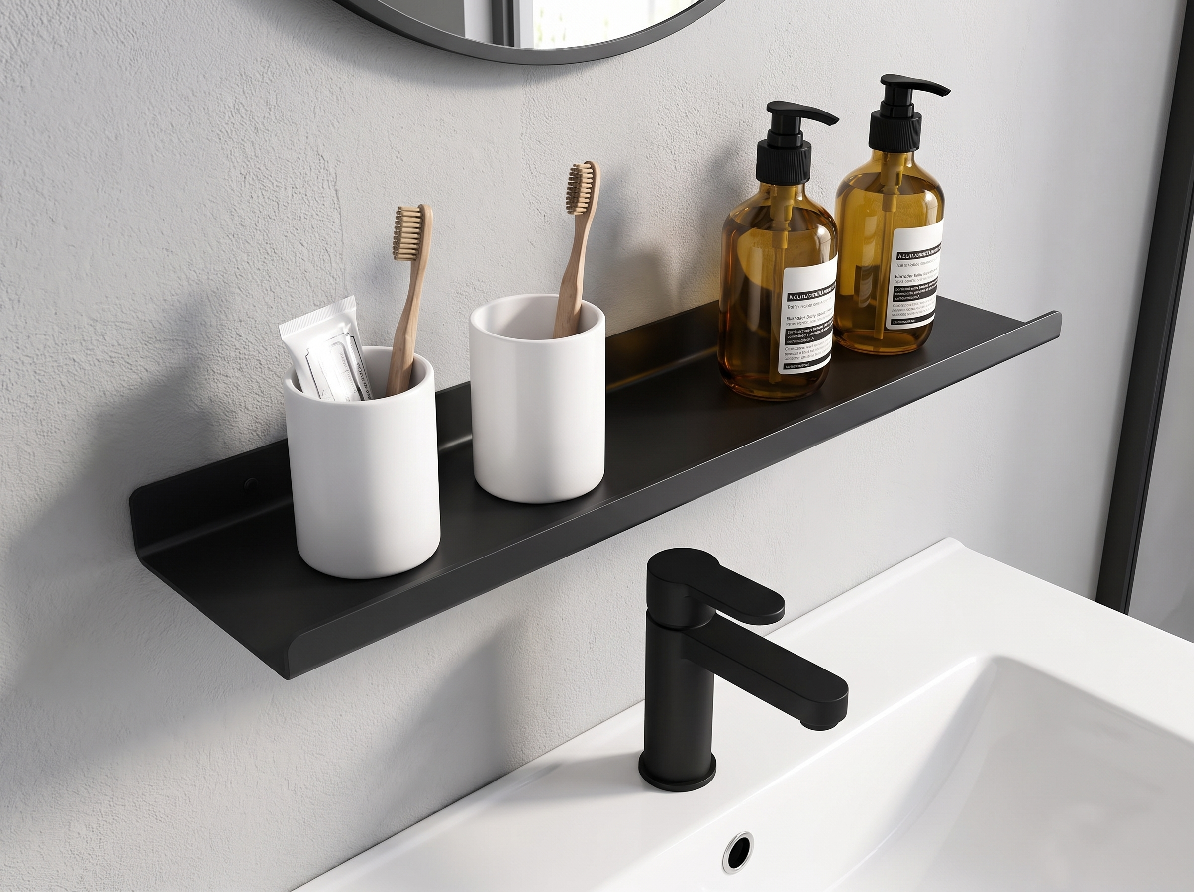 Black Metal Wall-Mounted Bathroom Shelf, Multiple Sizes in a realistic home setting