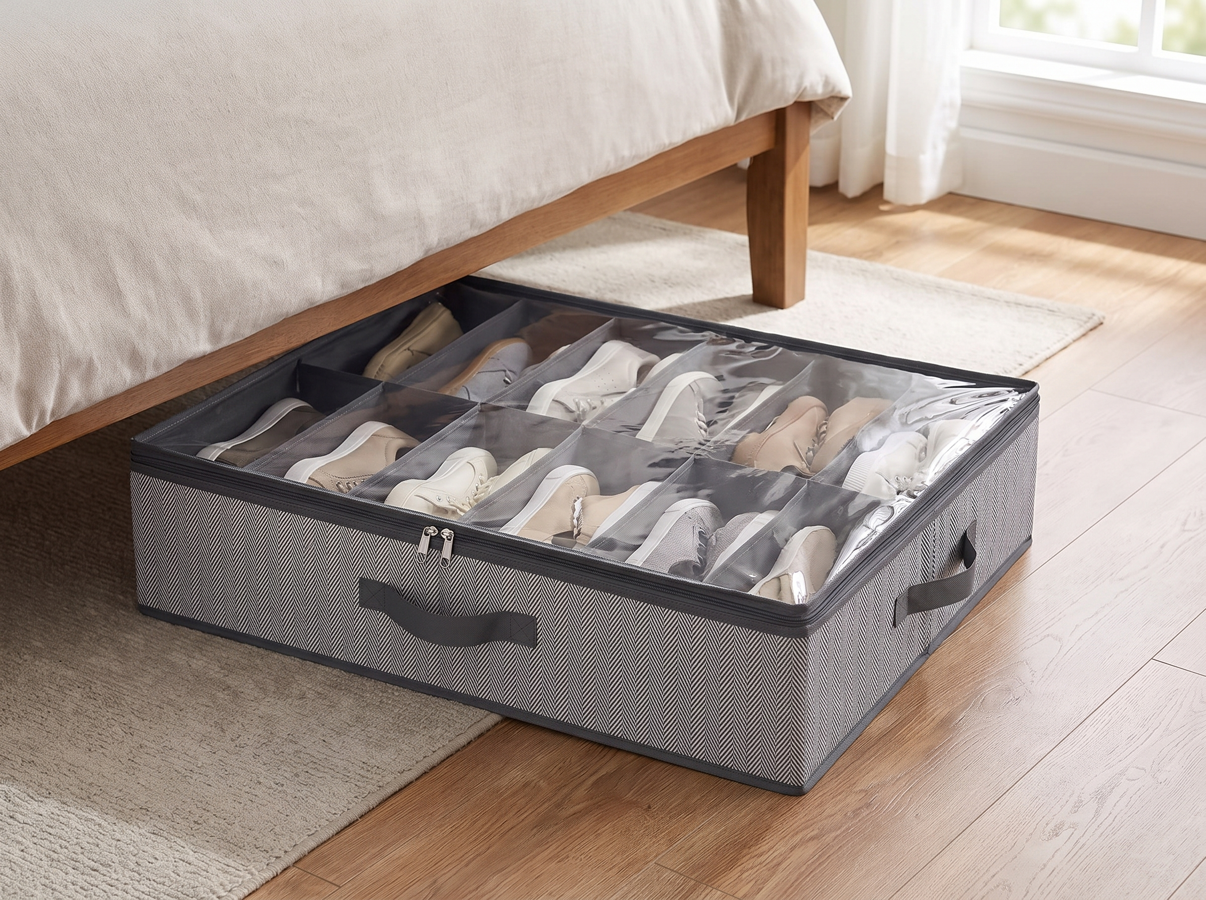 Under Bed Shoe Storage Organizer with Clear Window – Holds 12-16 Pairs in a realistic home setting