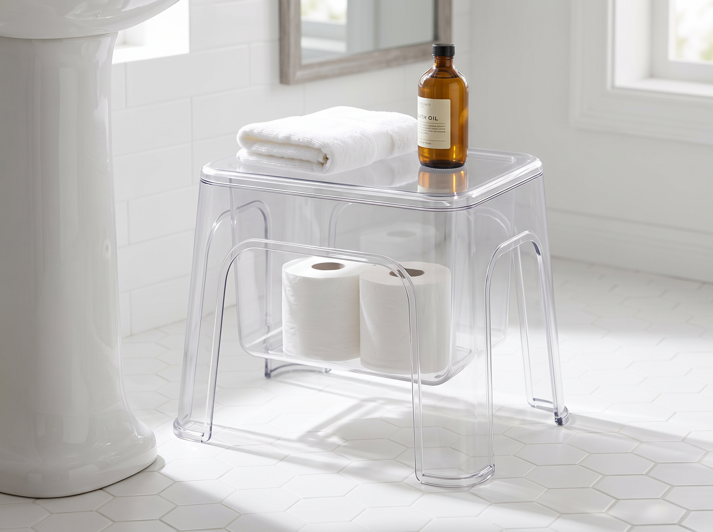 Clear Storage Step Stool with Lid for Laundry, Entryway, or Bathroom in a realistic home setting