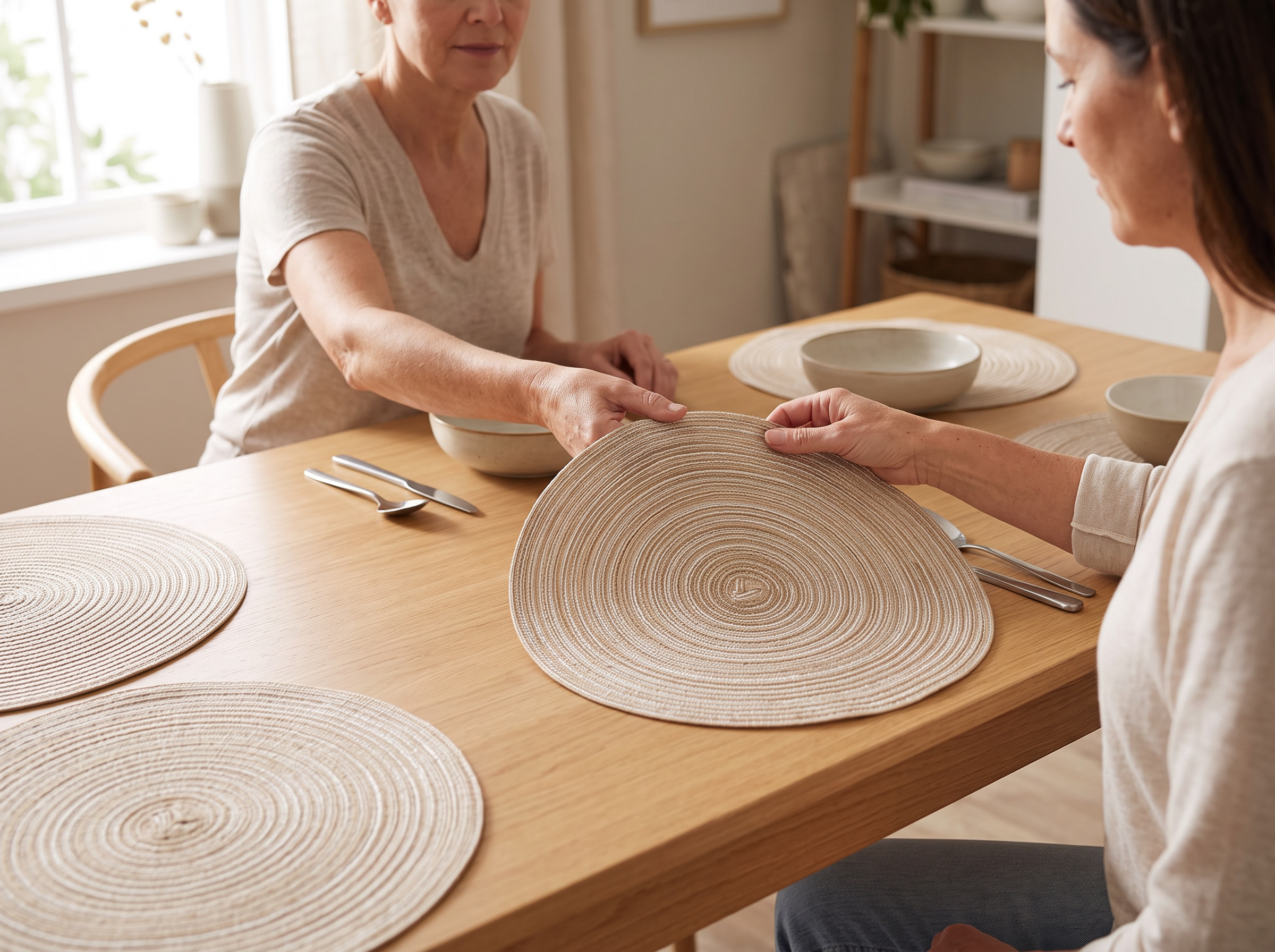 Round Woven Placemats, Set of 4 – Neutral Braided Table Mats for Dining shown in natural everyday use at home