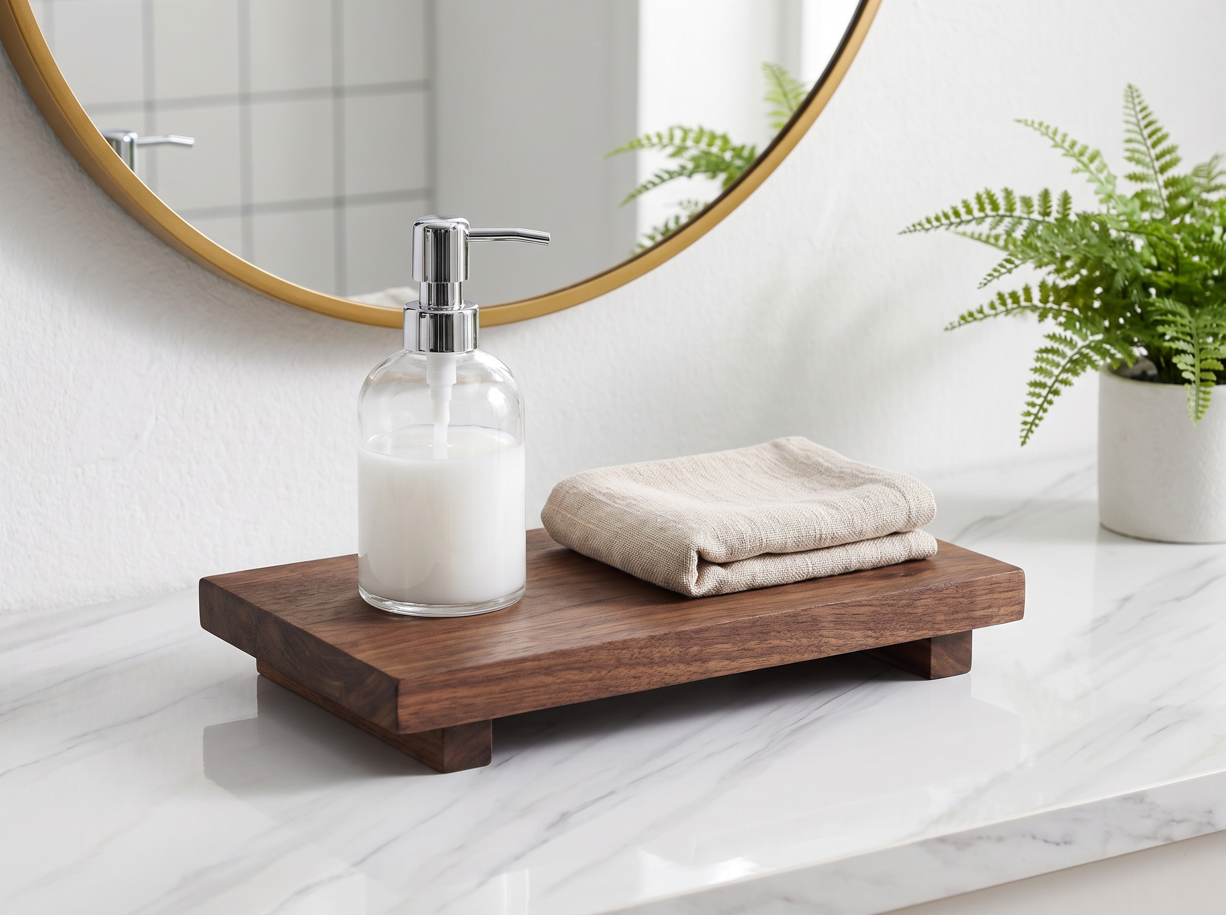 Wooden Bathroom Riser Tray for Vanity or Countertop in a realistic home setting