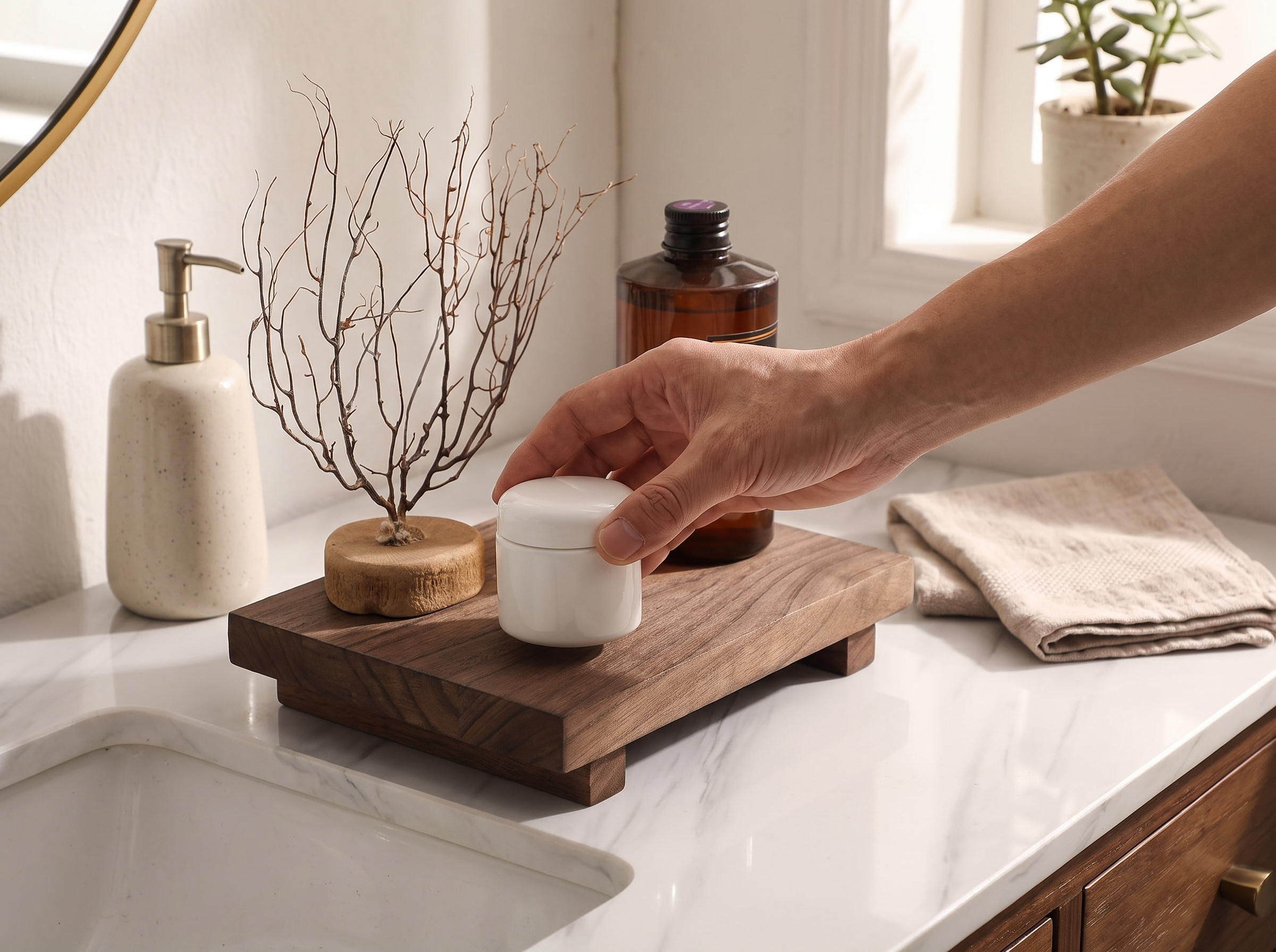 Wooden Bathroom Riser Tray for Vanity or Countertop shown in natural everyday use at home