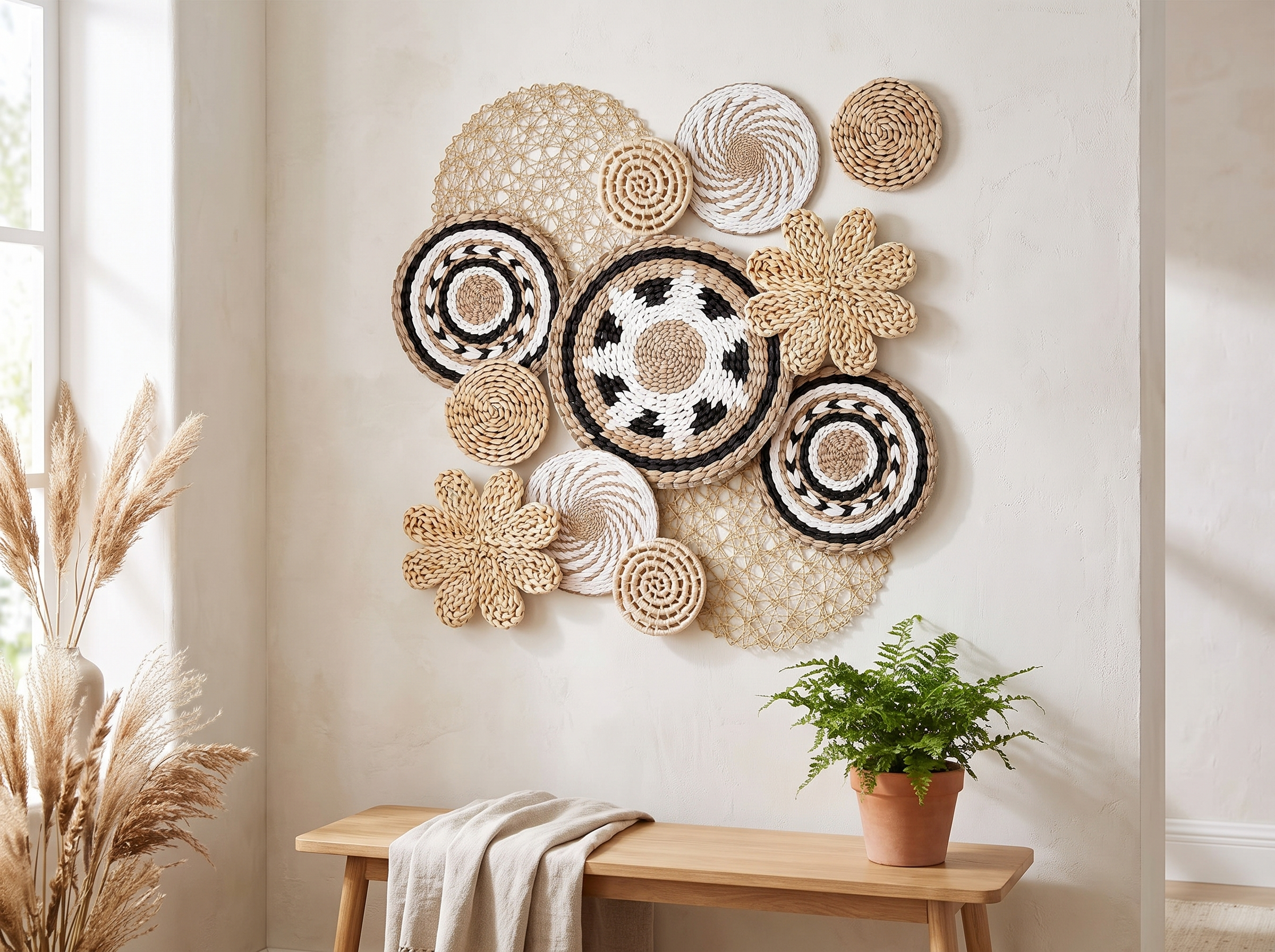 Handcrafted Boho Woven Wall Basket Set – 10 Piece Natural Decor in a realistic home setting
