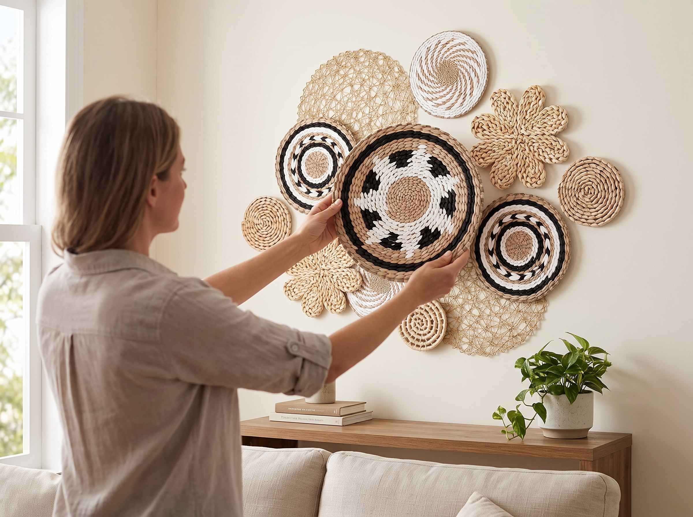 Handcrafted Boho Woven Wall Basket Set – 10 Piece Natural Decor shown in natural everyday use at home