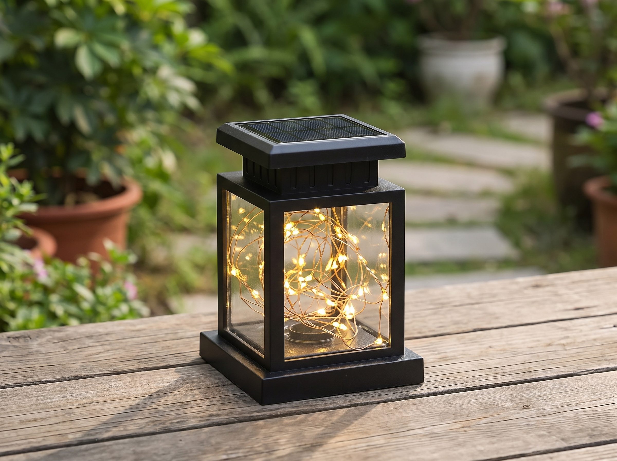 Solar-Powered Outdoor Lantern for Garden and Patio Ambiance in a realistic home setting