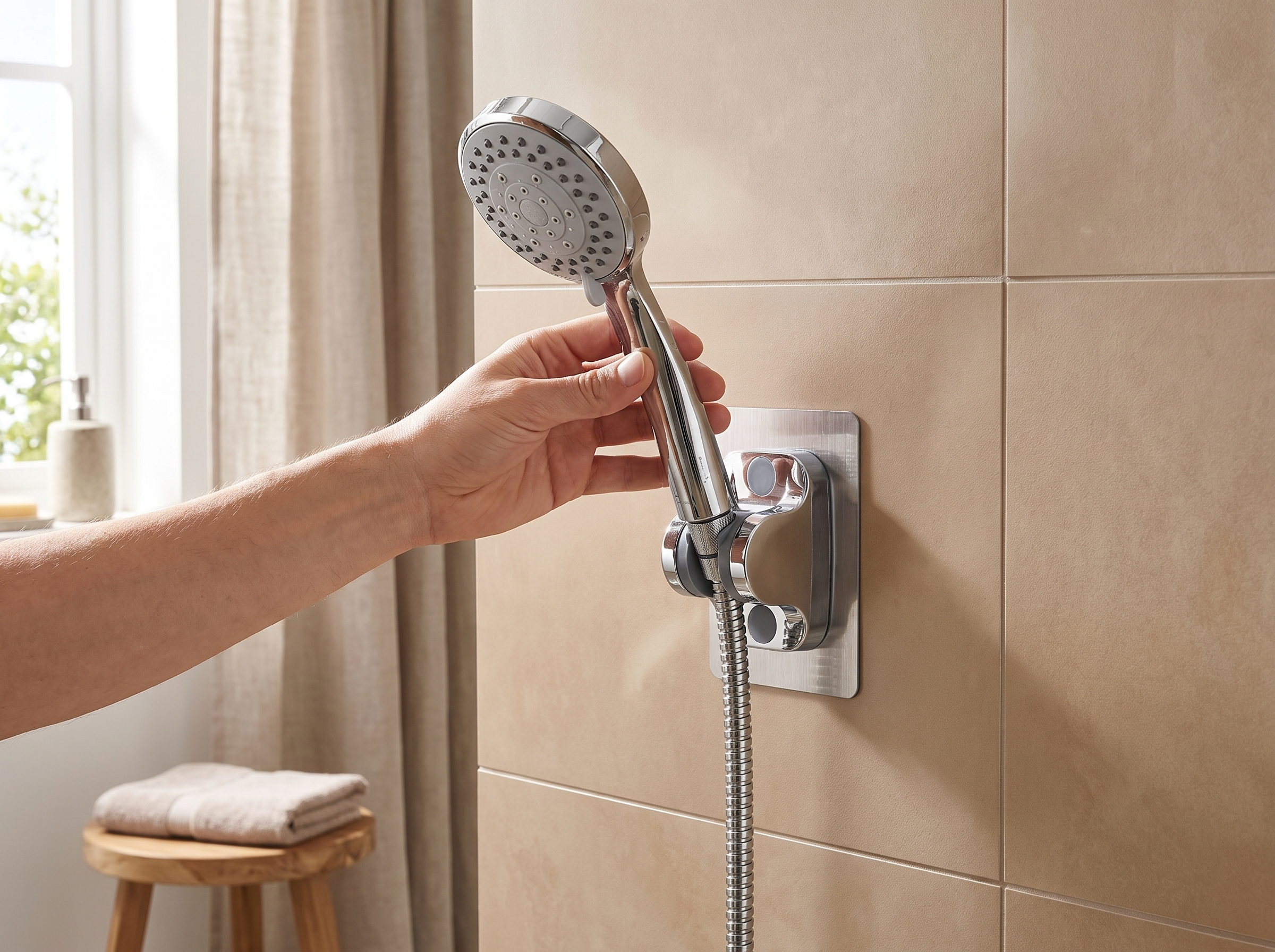 Self-Adhesive Adjustable Shower Head Holder for Bathroom Walls shown in natural everyday use at home