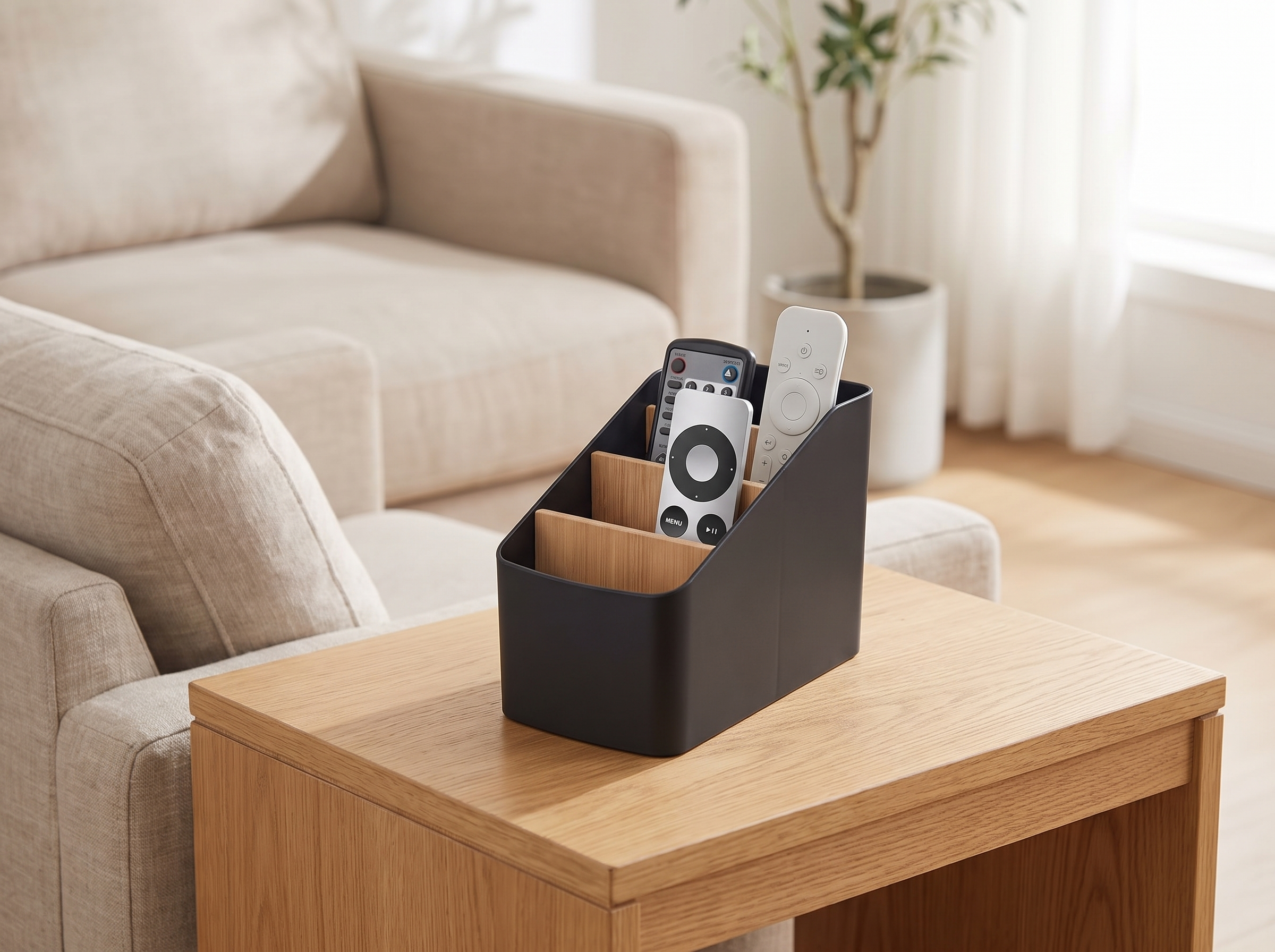 4-Compartment Remote Control Organizer for Living Room or Bedroom in a realistic home setting